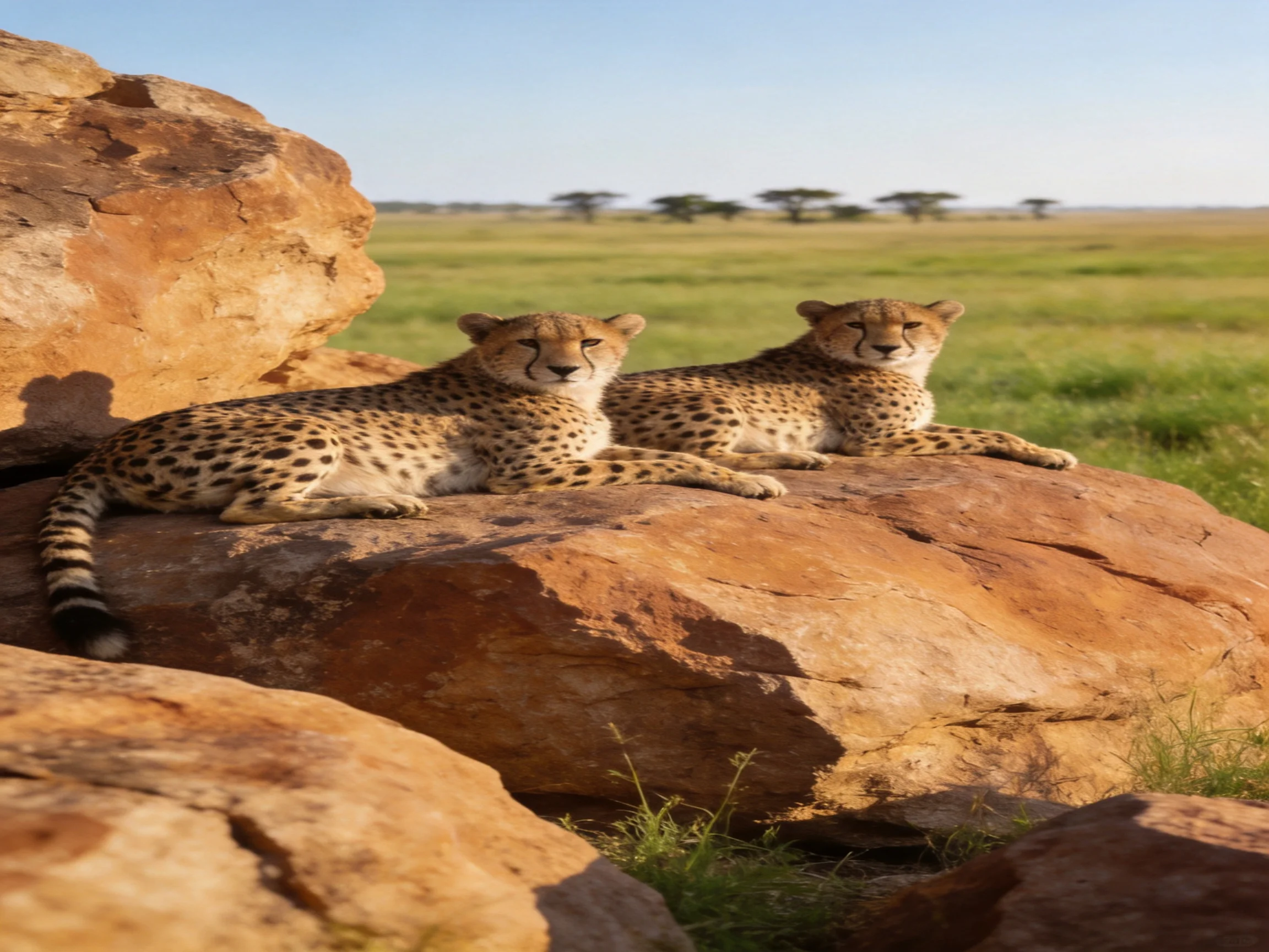 Two spotted cheetahs rest on reddish-brown rocks in a vast savannah
