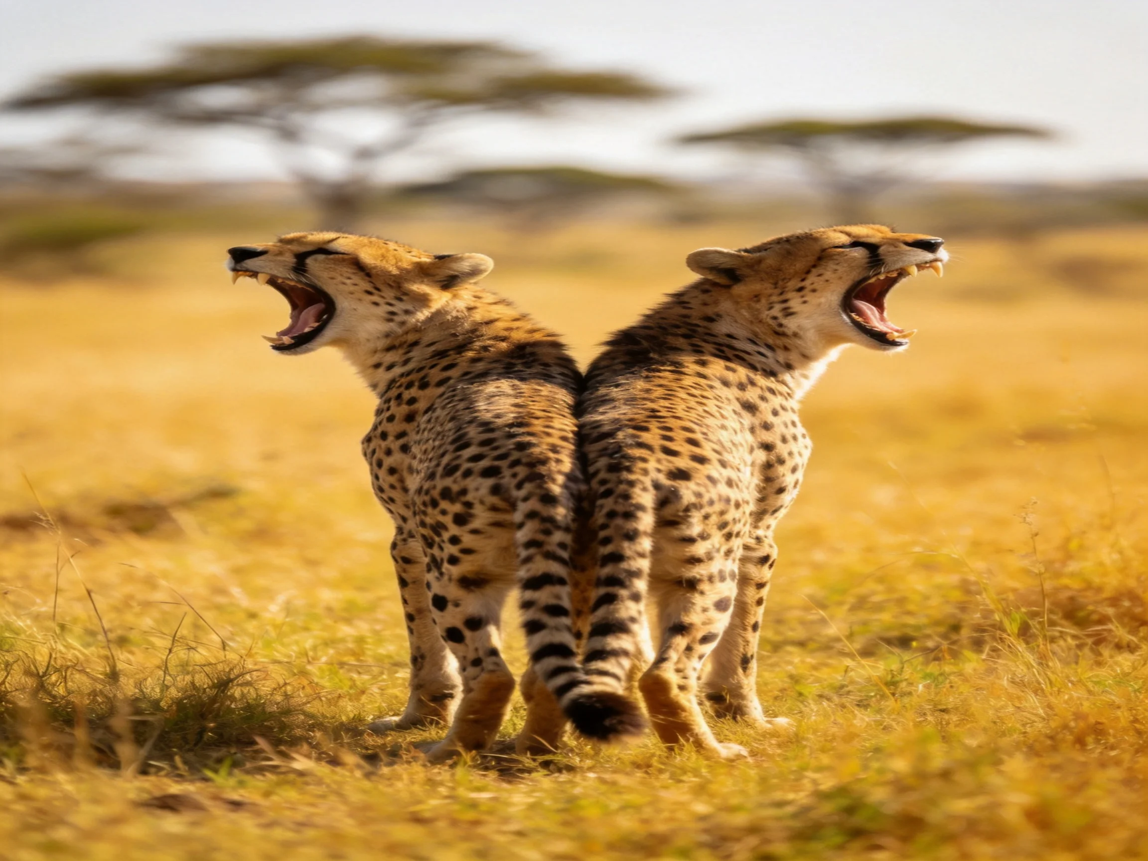 Two spotted cheetahs yawning back-to-back in golden savannah