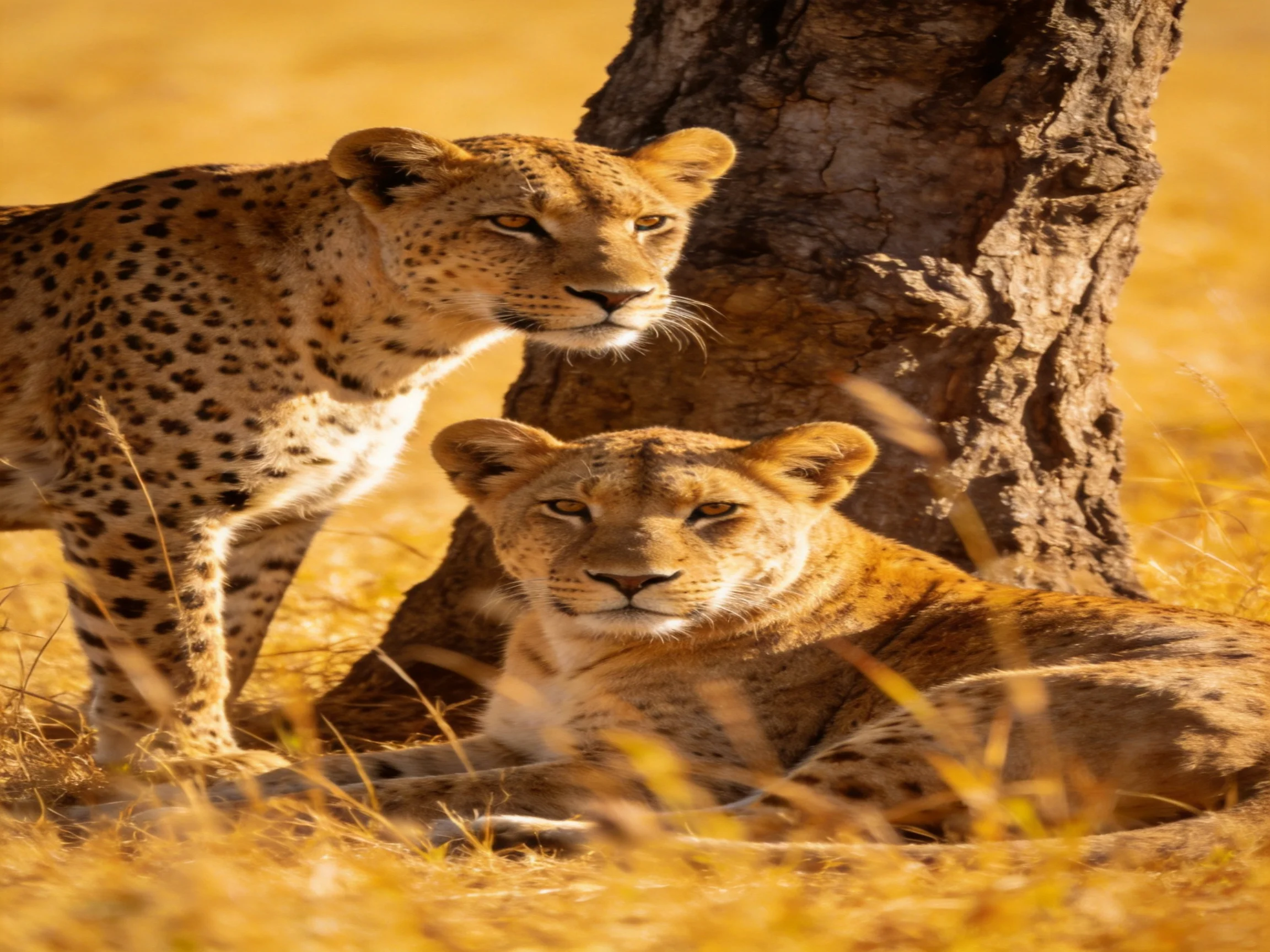 Two spotted leopard cubs by a gnarled tree in golden savannah