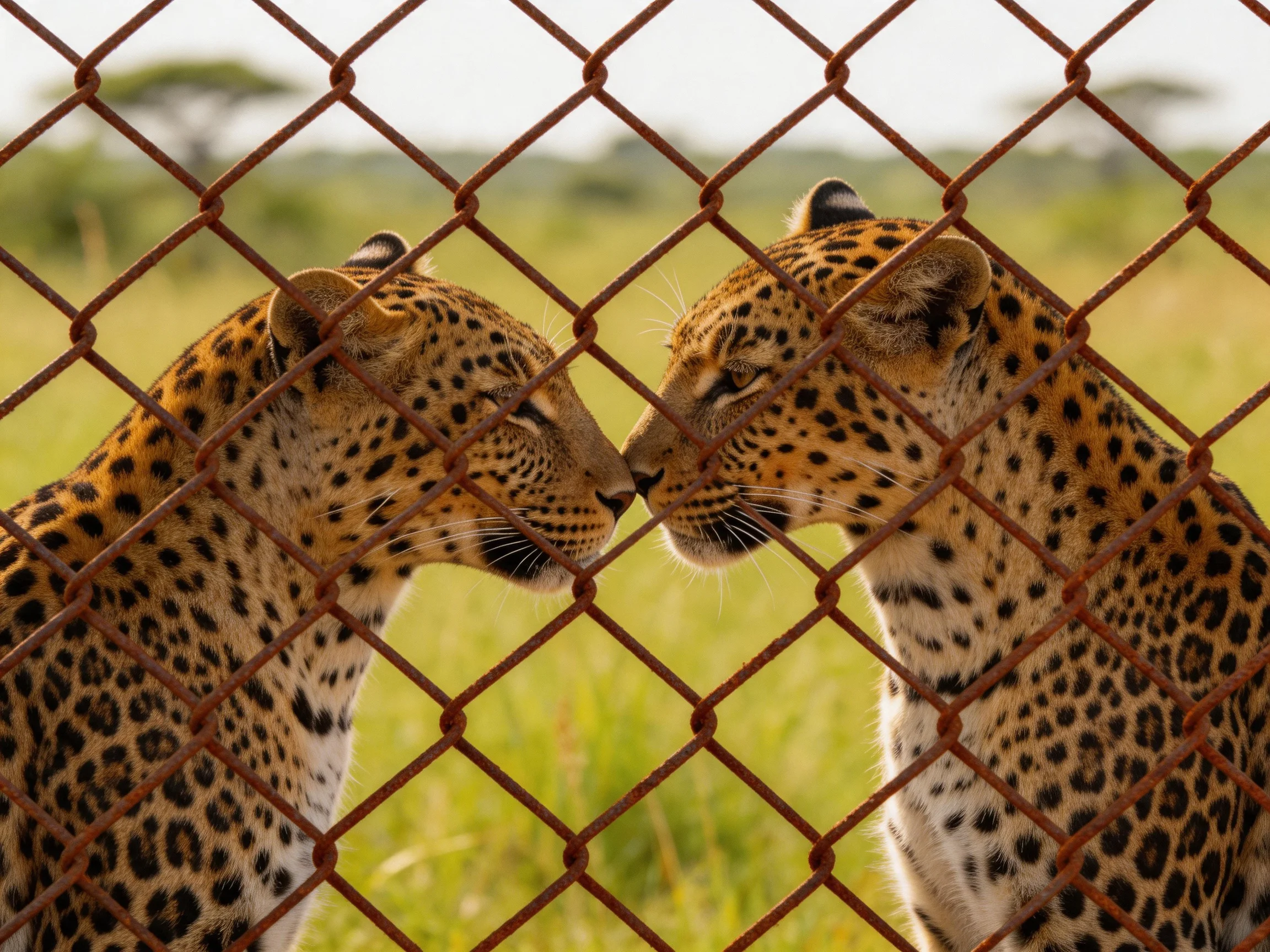 Two spotted leopards nuzzle behind a rusted fence in a savannah