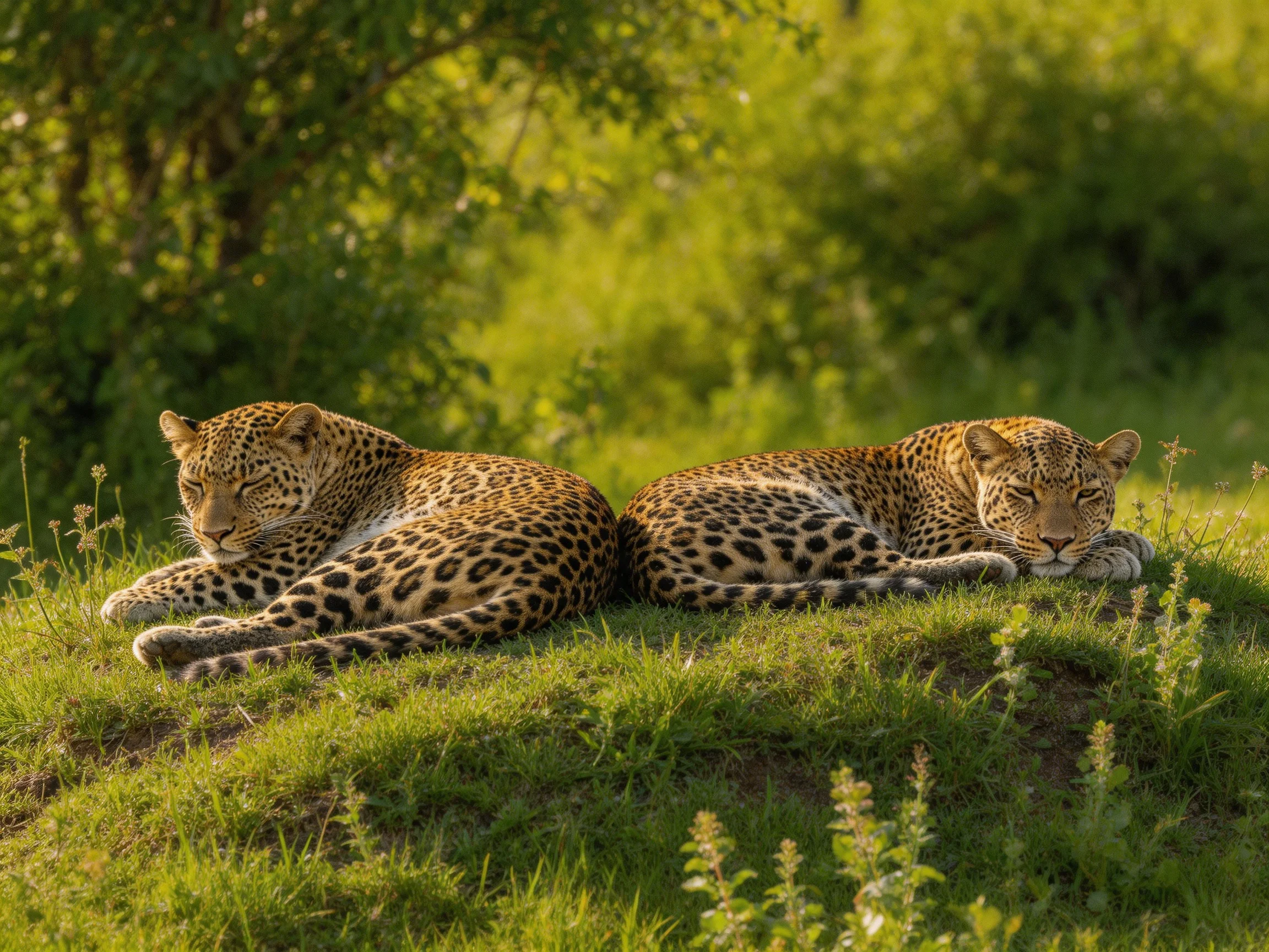 Two spotted leopards rest on a lush green mound