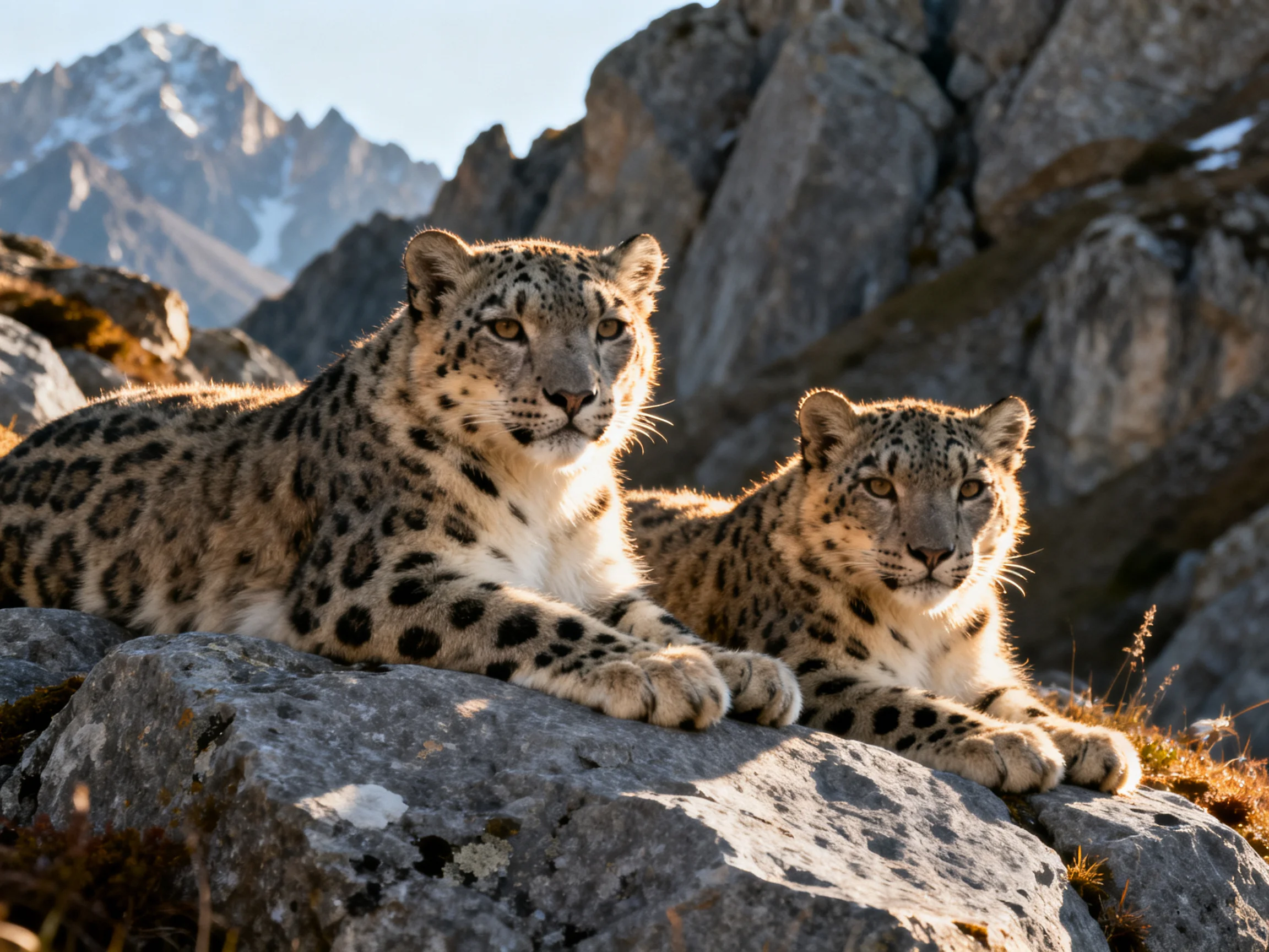 Two spotted leopards rest on rocky terrain beside towering mountain cliffs