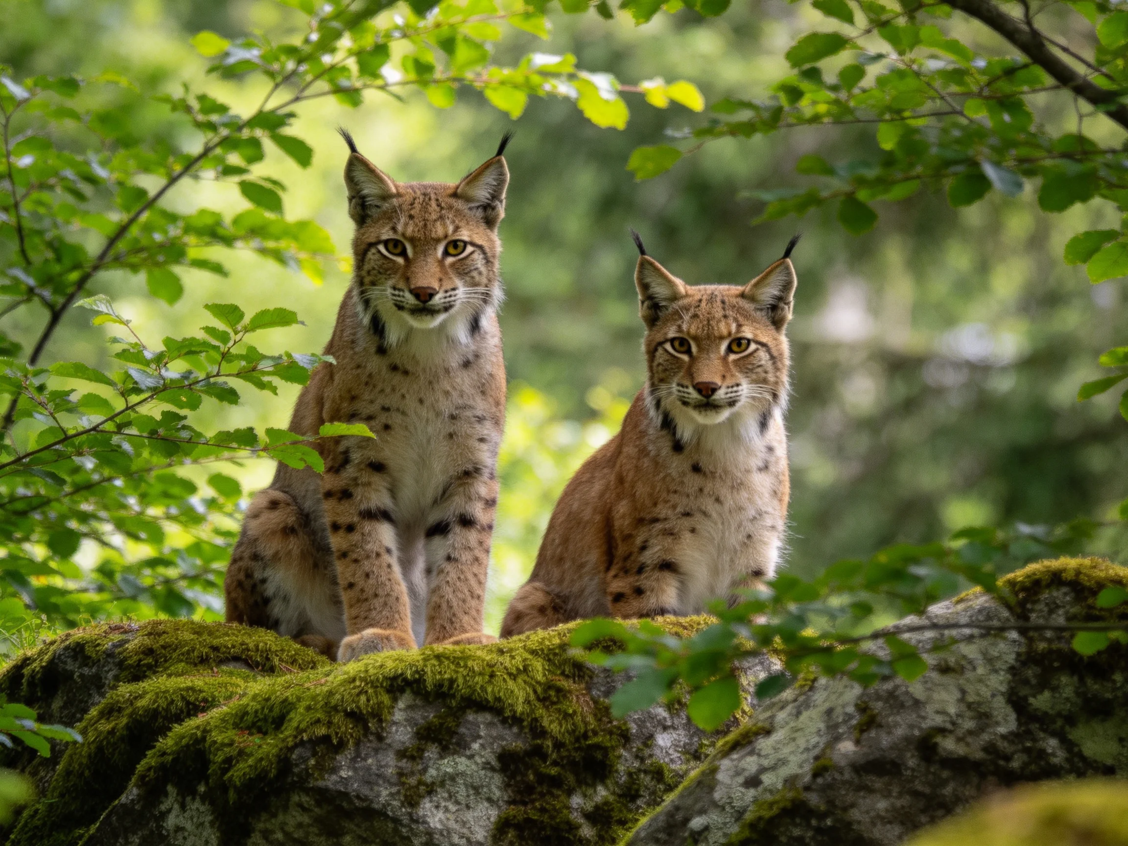 Two spotted lynxes sit on a moss-covered rock amid lush greenery