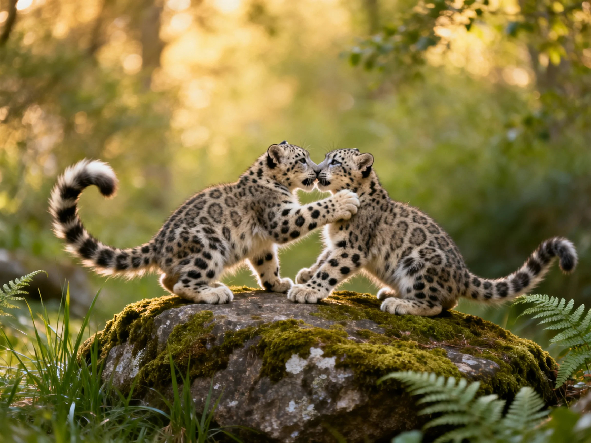 Two spotted snow leopard cubs play on a moss-covered rock in a sun-dappled forest