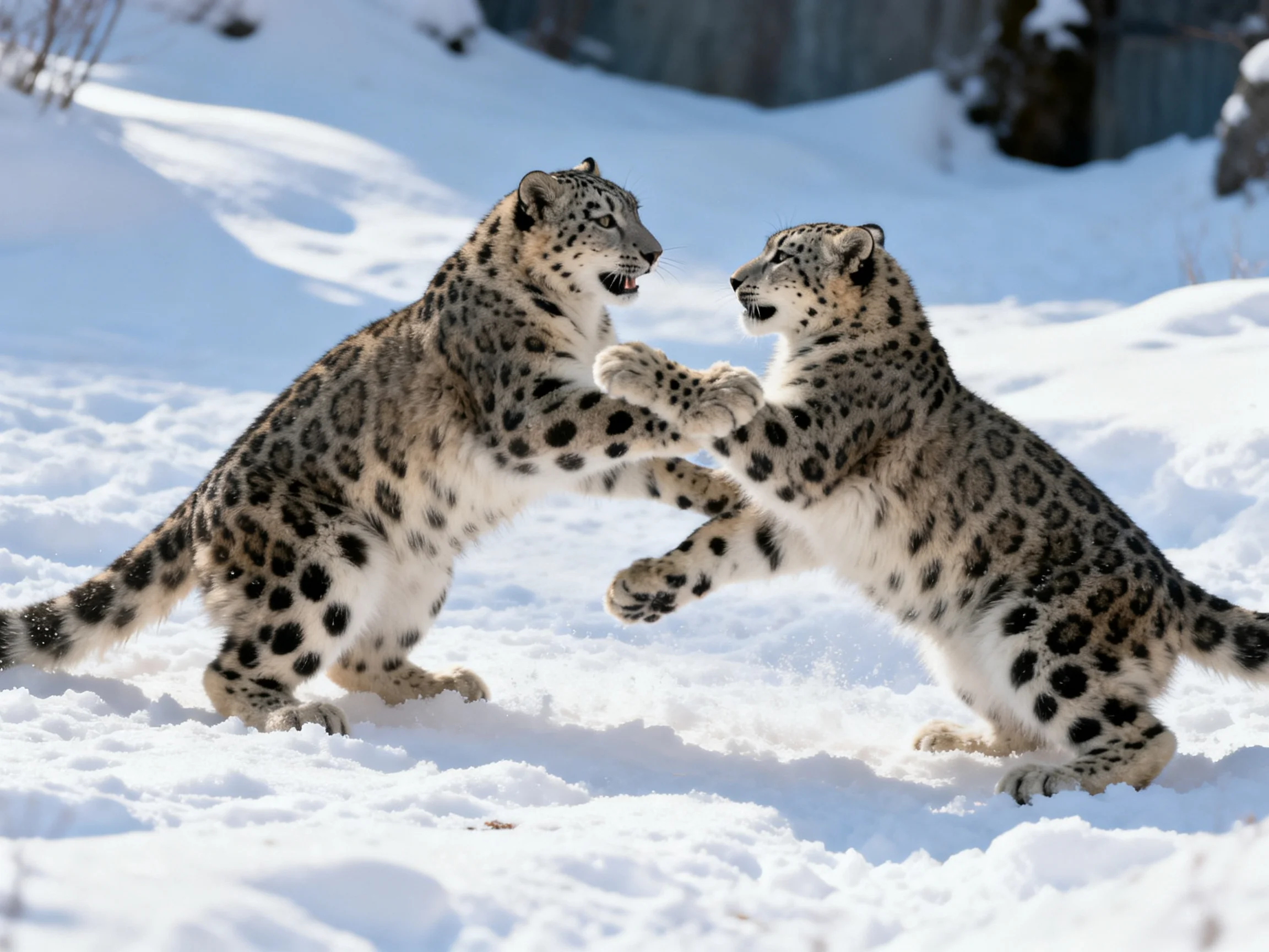 Two spotted snow leopards playfully interact in a snowy habitat