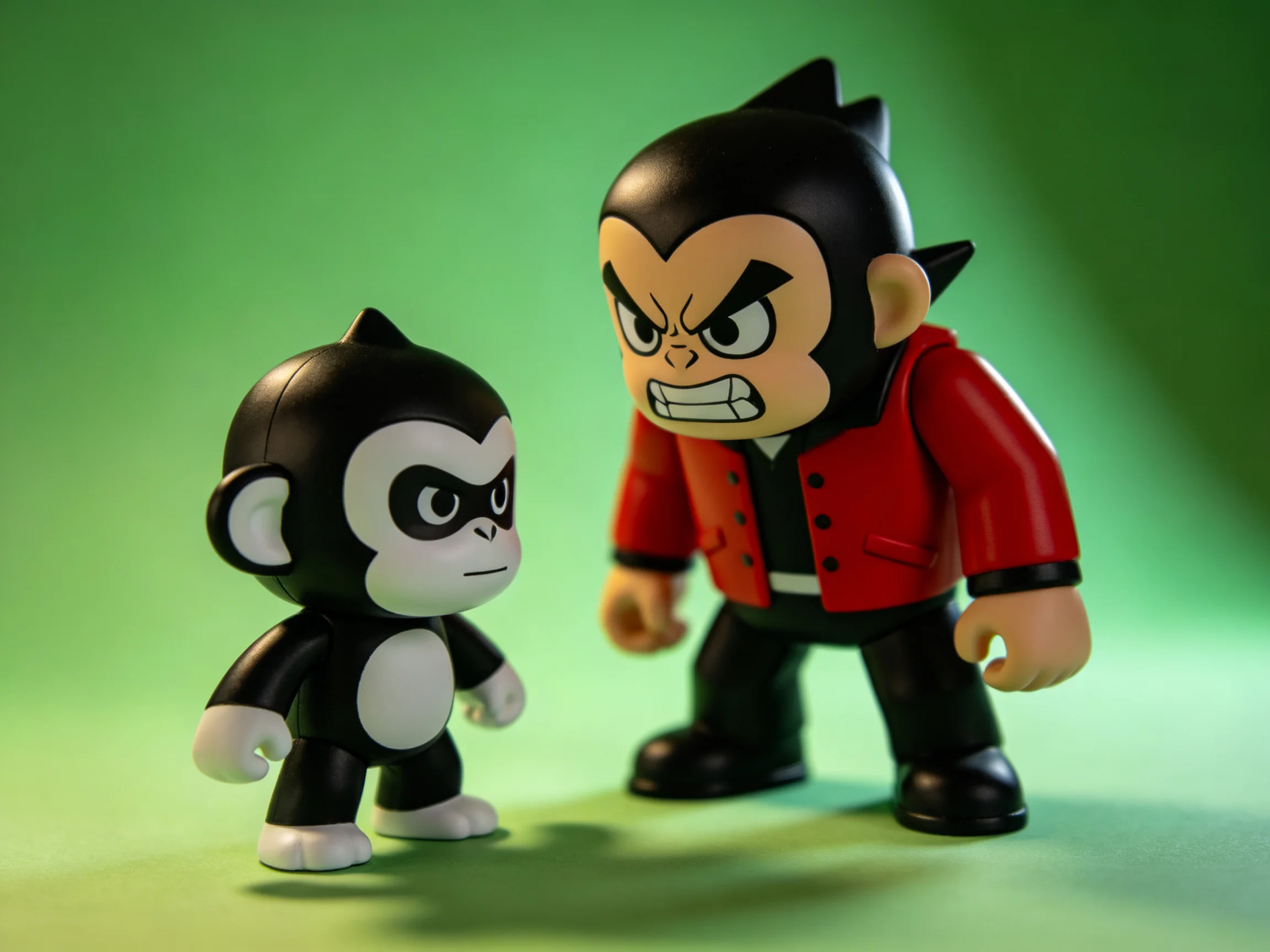 Two stylized monkey figurines interact against a green backdrop.