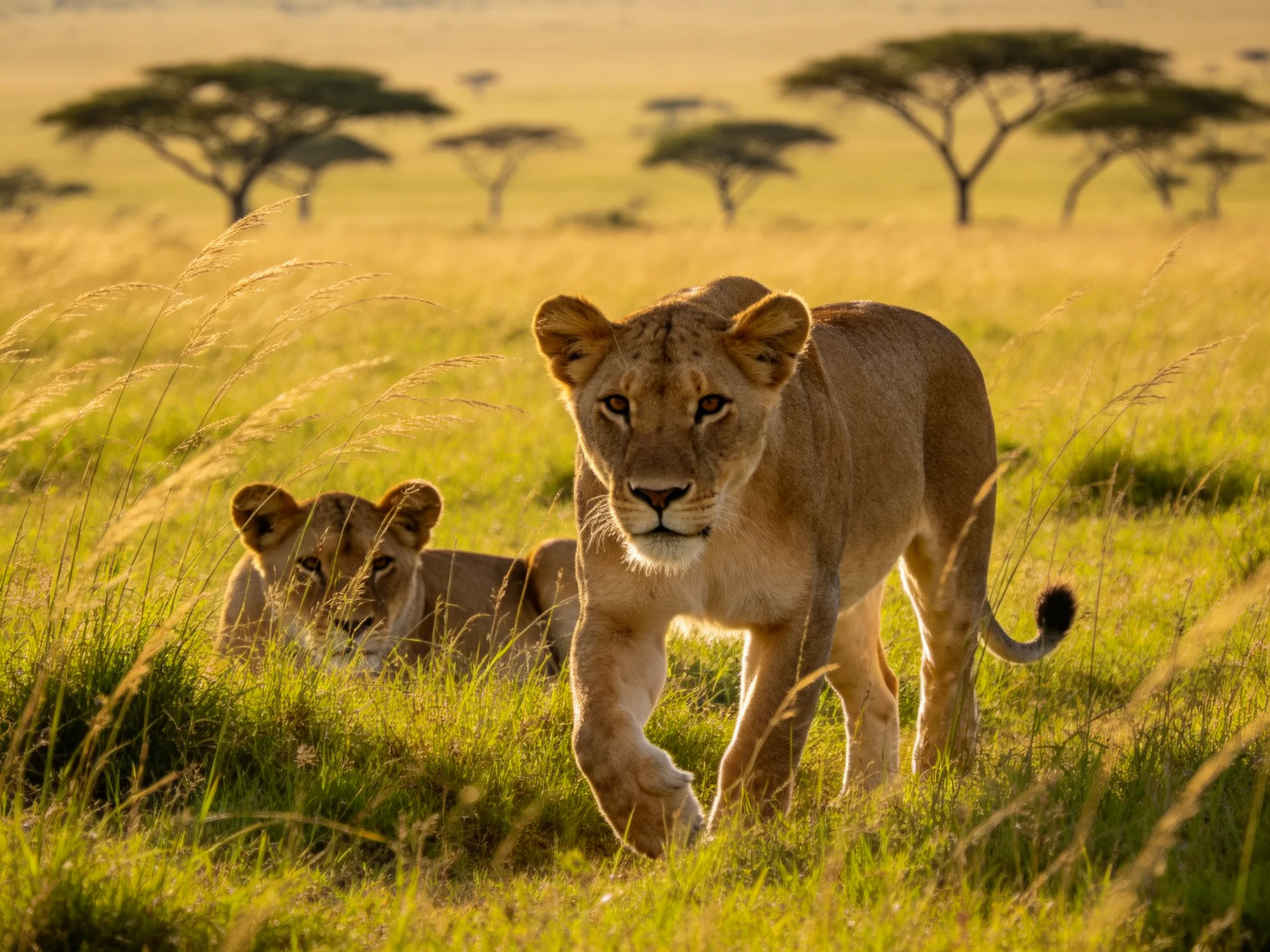 Lionesses move through tall savannah grass in a sunlit landscape with acacia trees