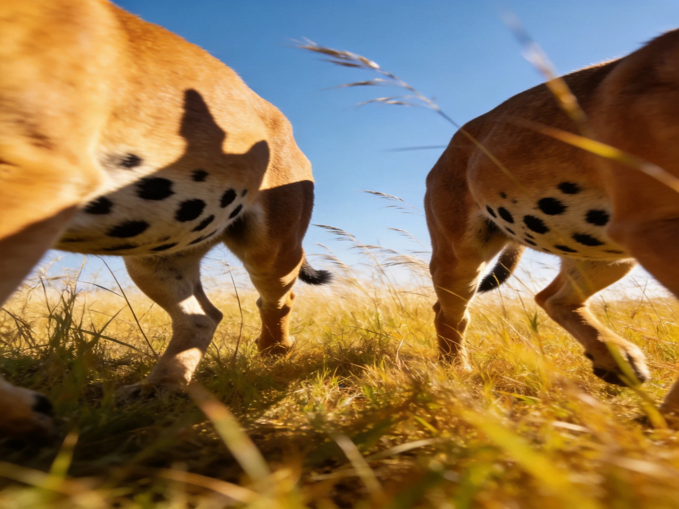 Two tan-spotted wild dogs foraging in golden savannah grass under clear blue sky