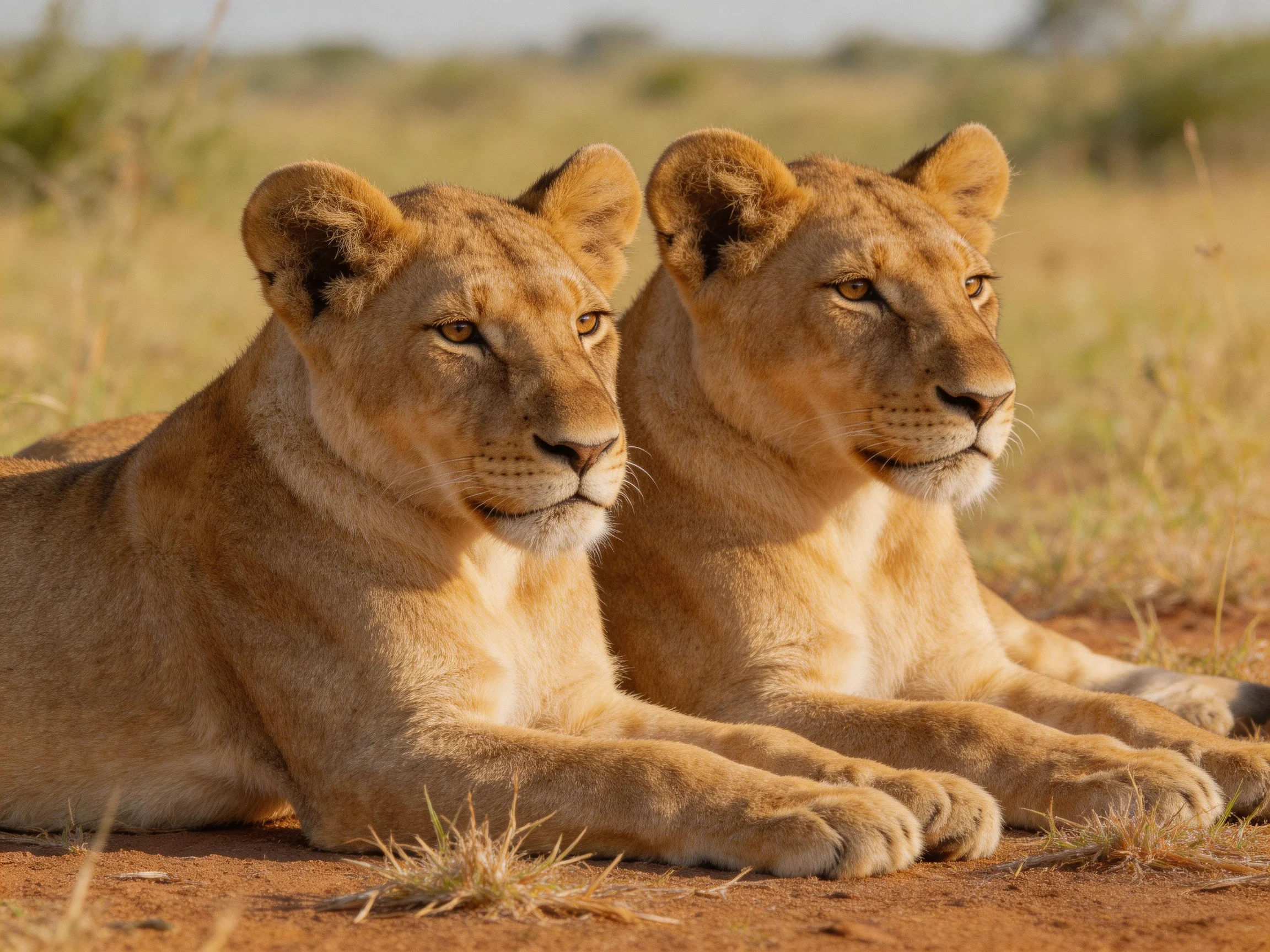 Two tawny lion cubs lie side together in a sunlit savannah.