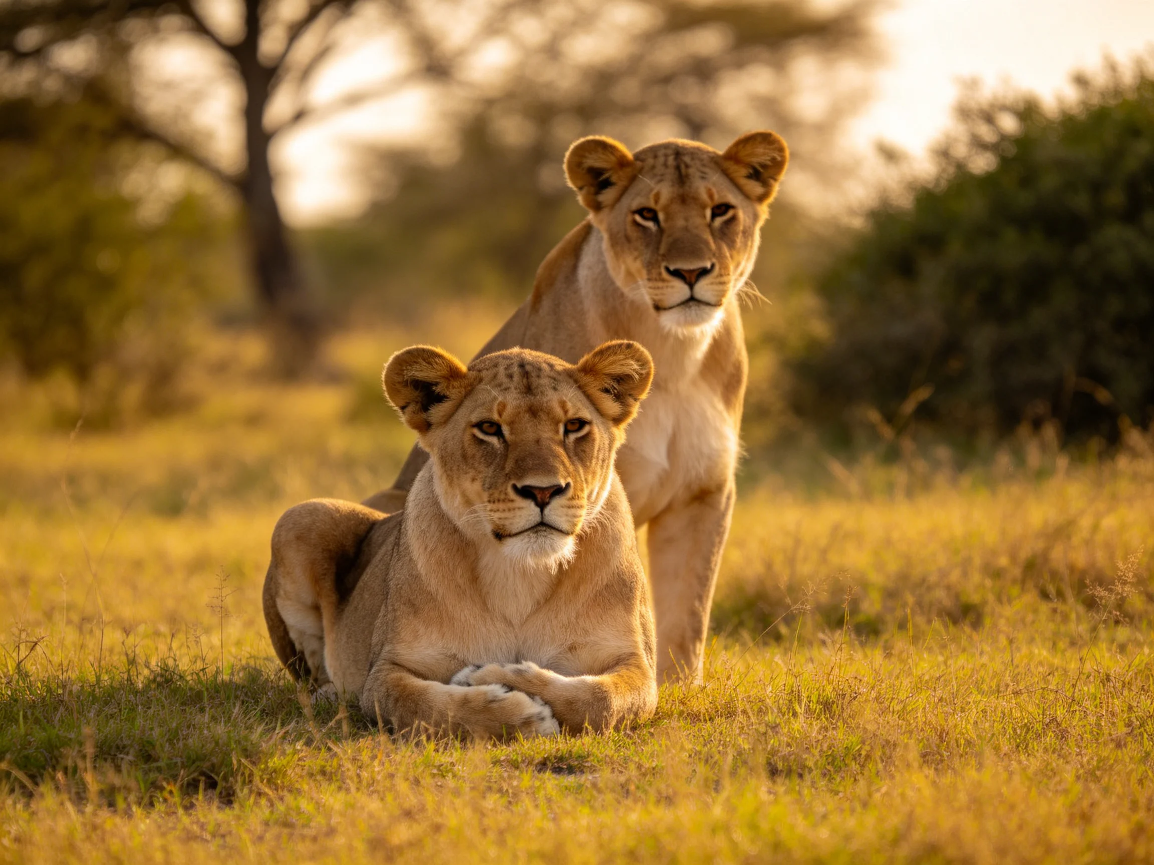Two tawny lionesses in a sunlit savannah setting