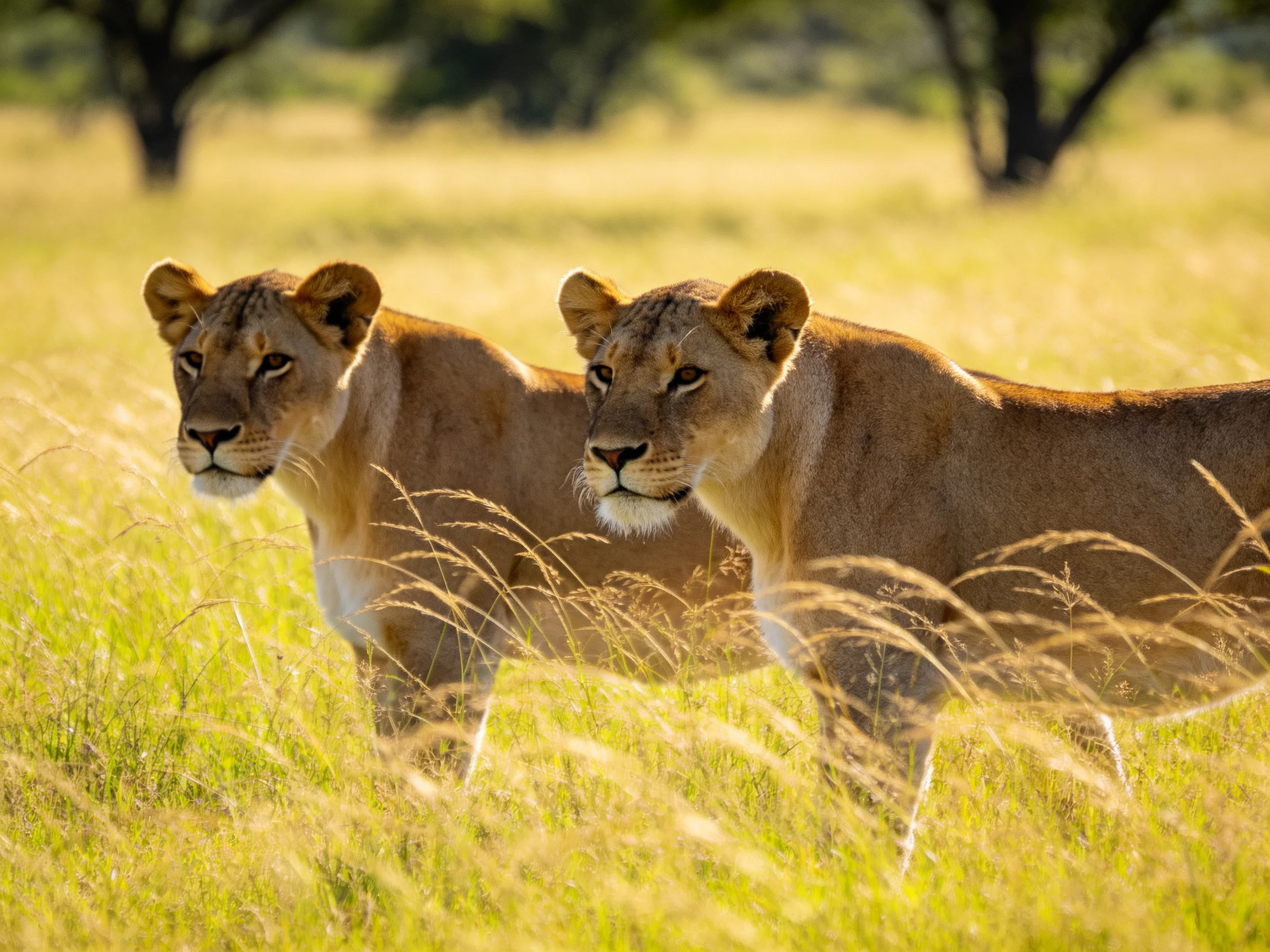 Two tawny lionesses stand among tall golden grasses in a sunlit savannah.