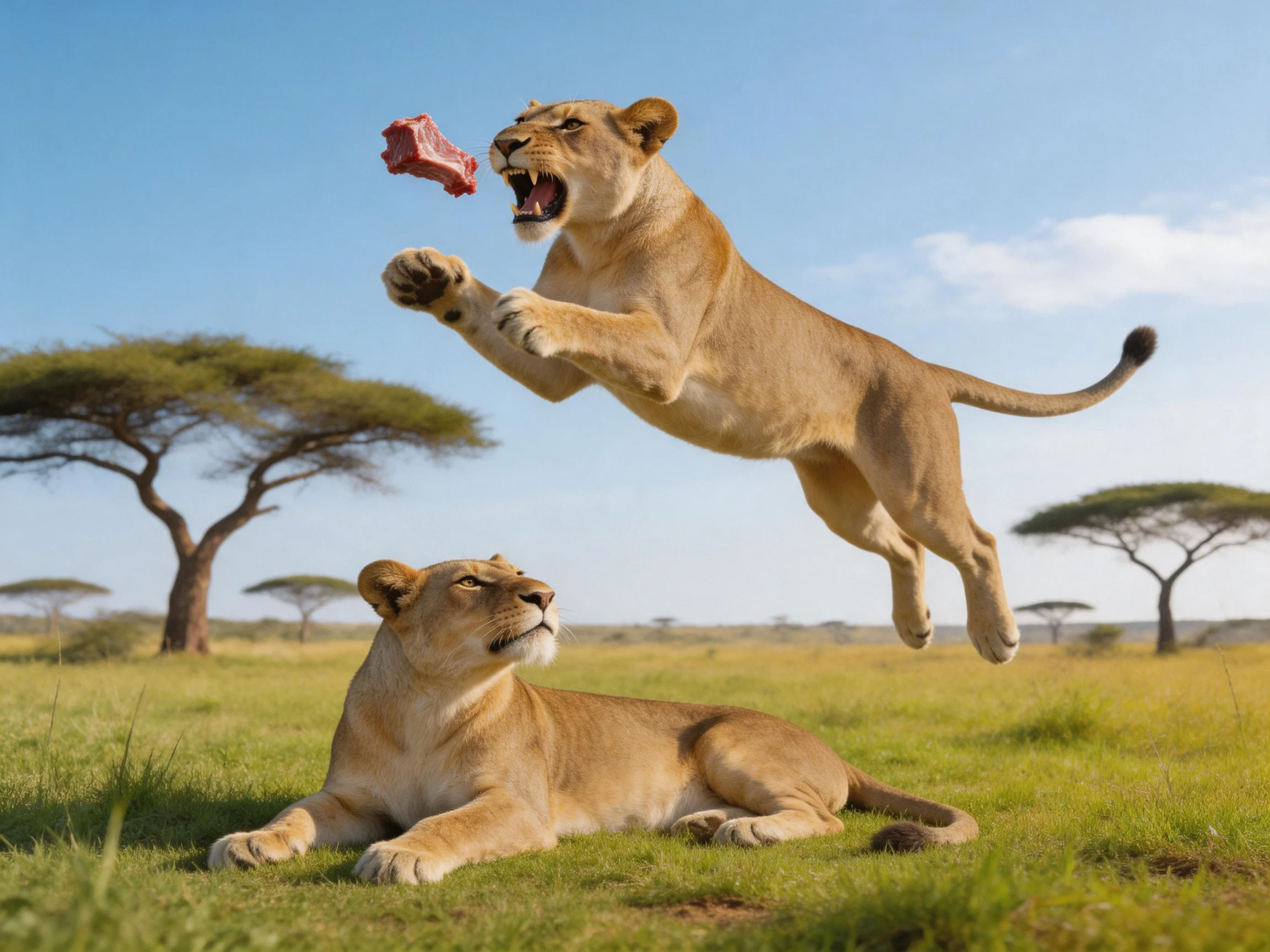 A lioness leaps for meat mid-air while the rests in a savannah