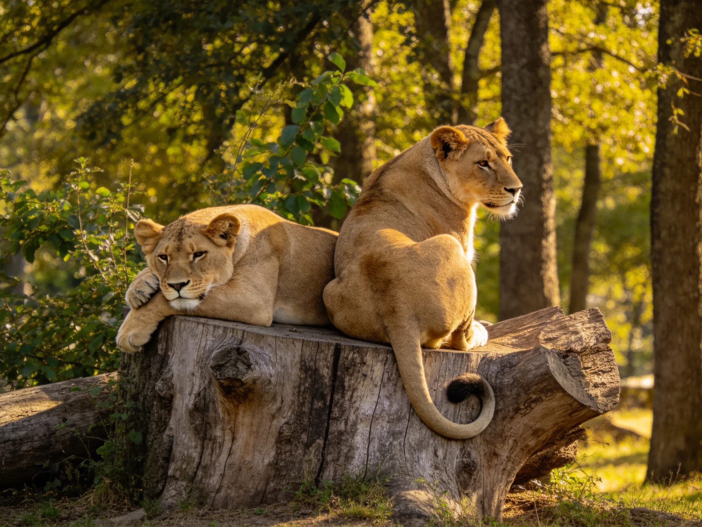 Two tawny lionesses rest on a weathered tree stump in a sunlit forest