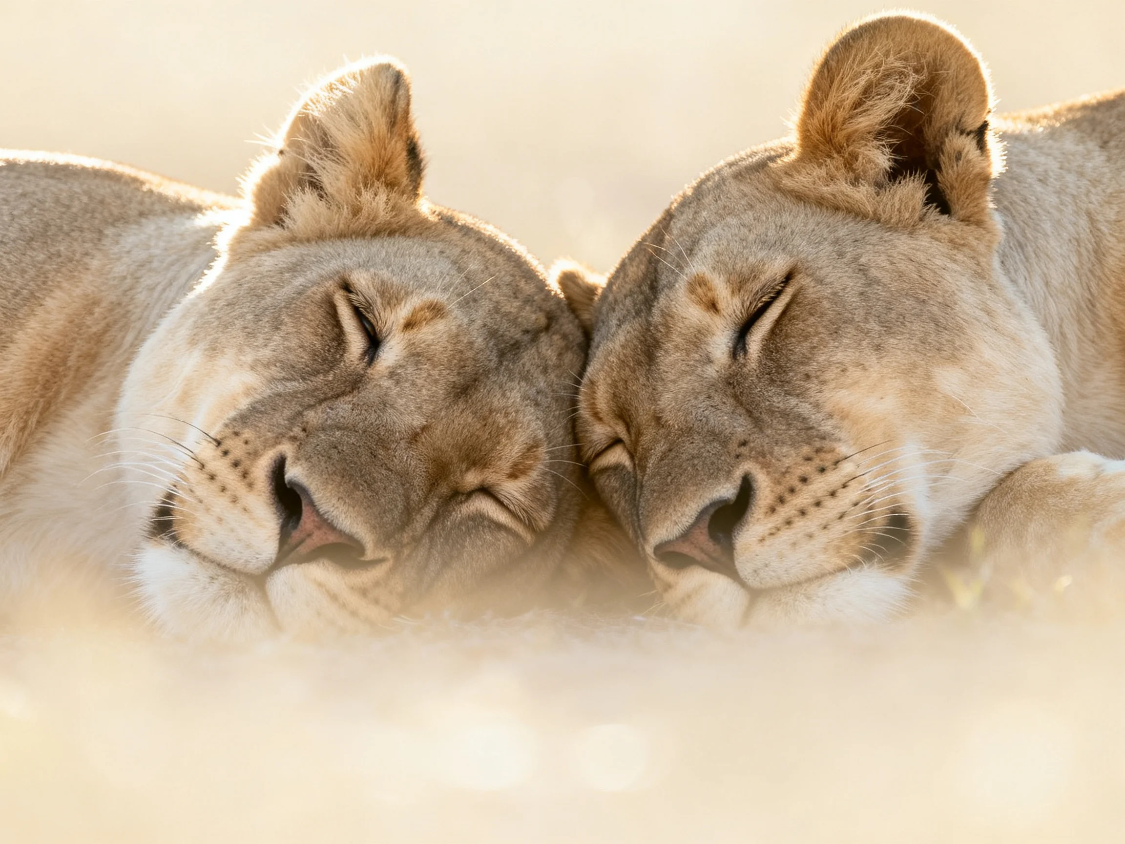Two tawny lionesses rest side by side in a sunlit environment.