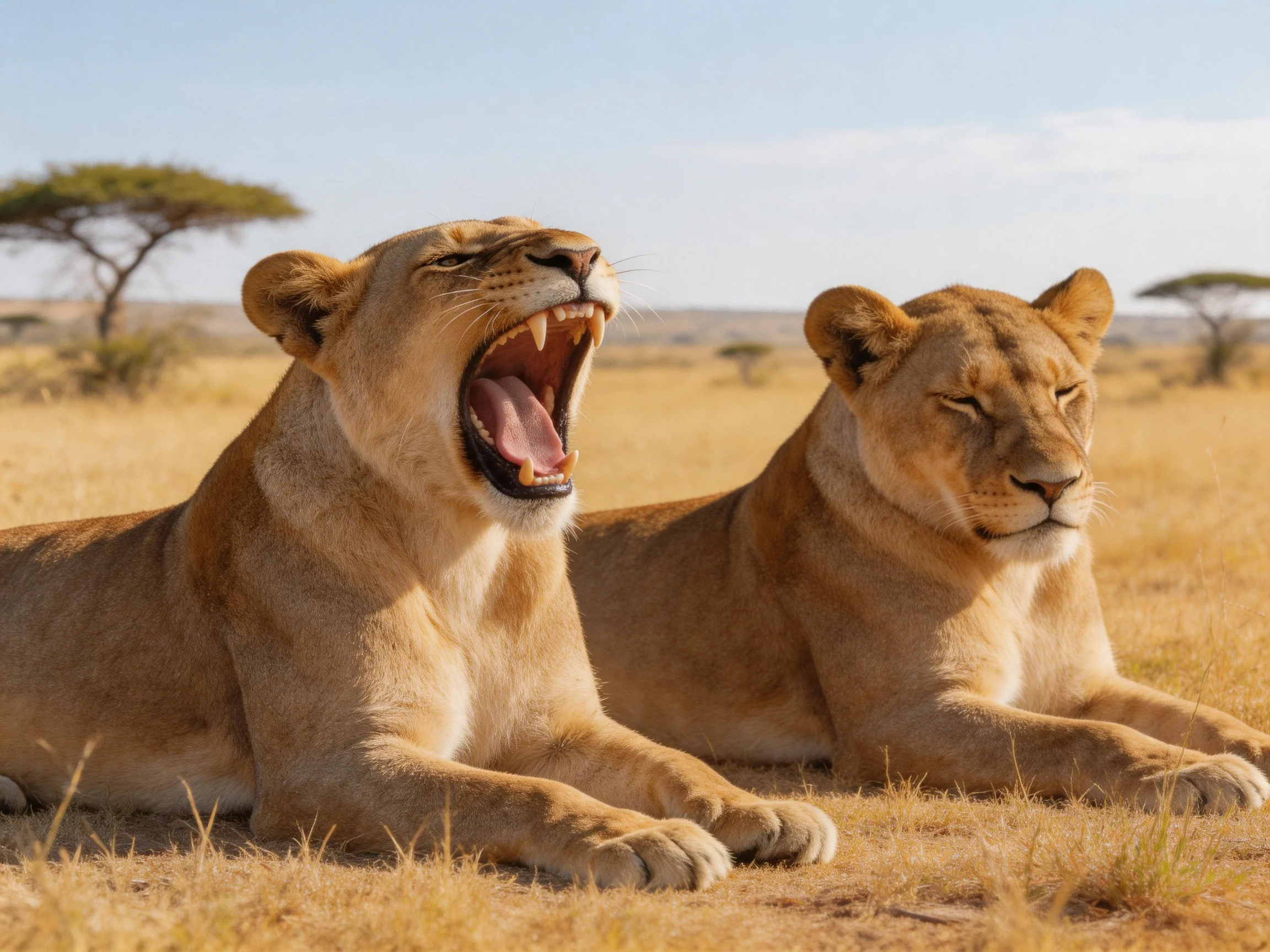 Two tawny lionesses rest together in a sunlit savannah.