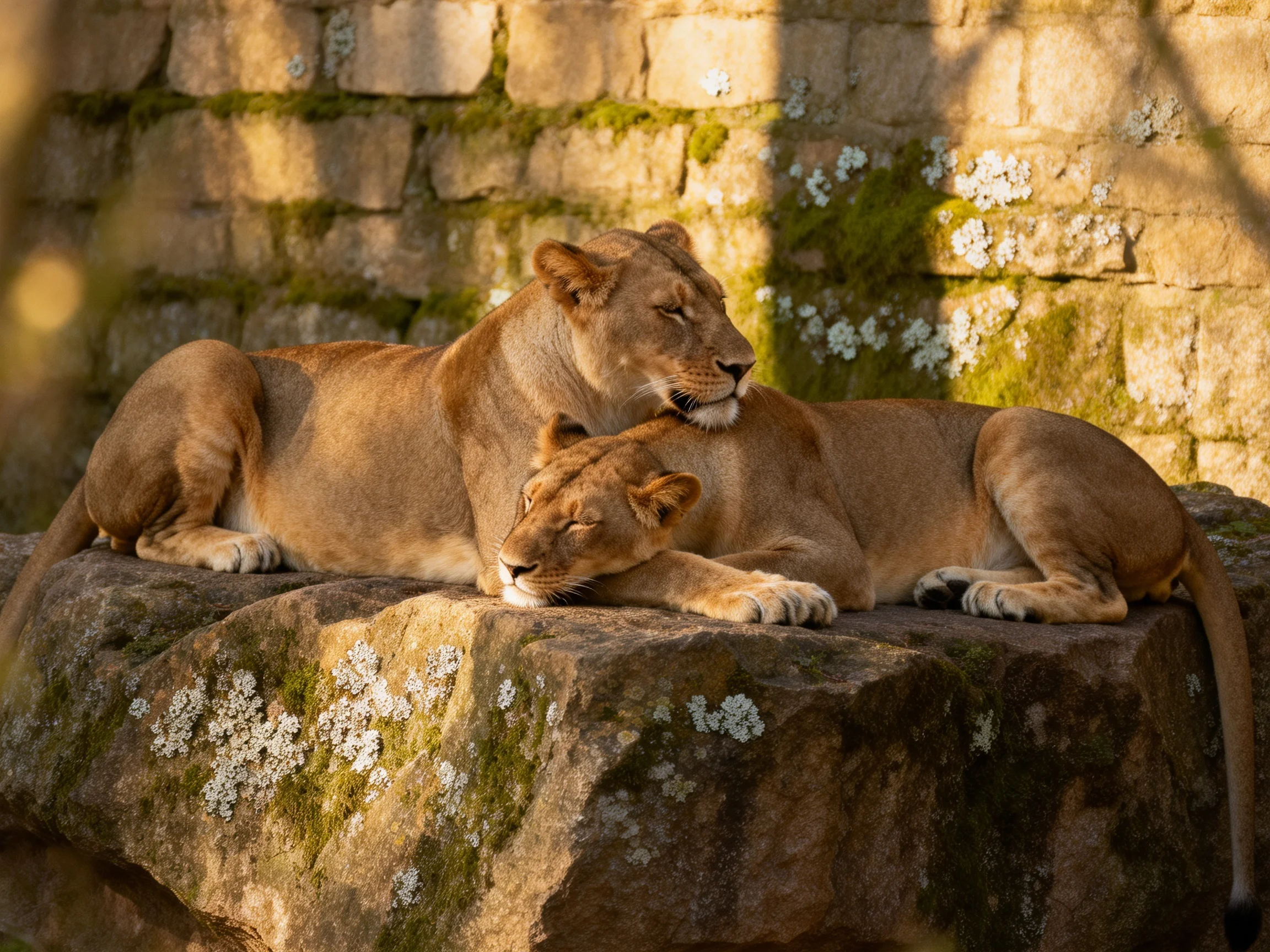 Two tawny lionesses rest on a mossy rock beside an ancient stone wall