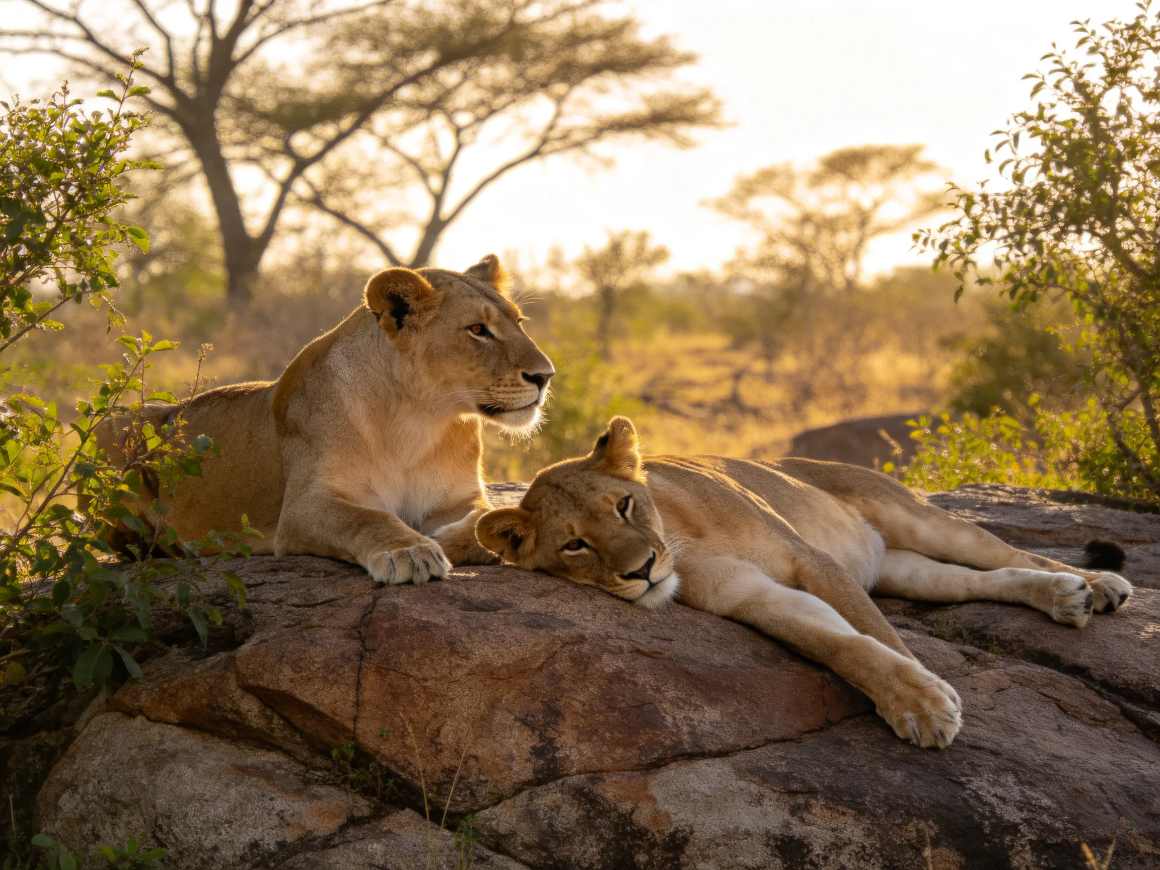 Two tawny lionesses relax on a rock in the savannah.