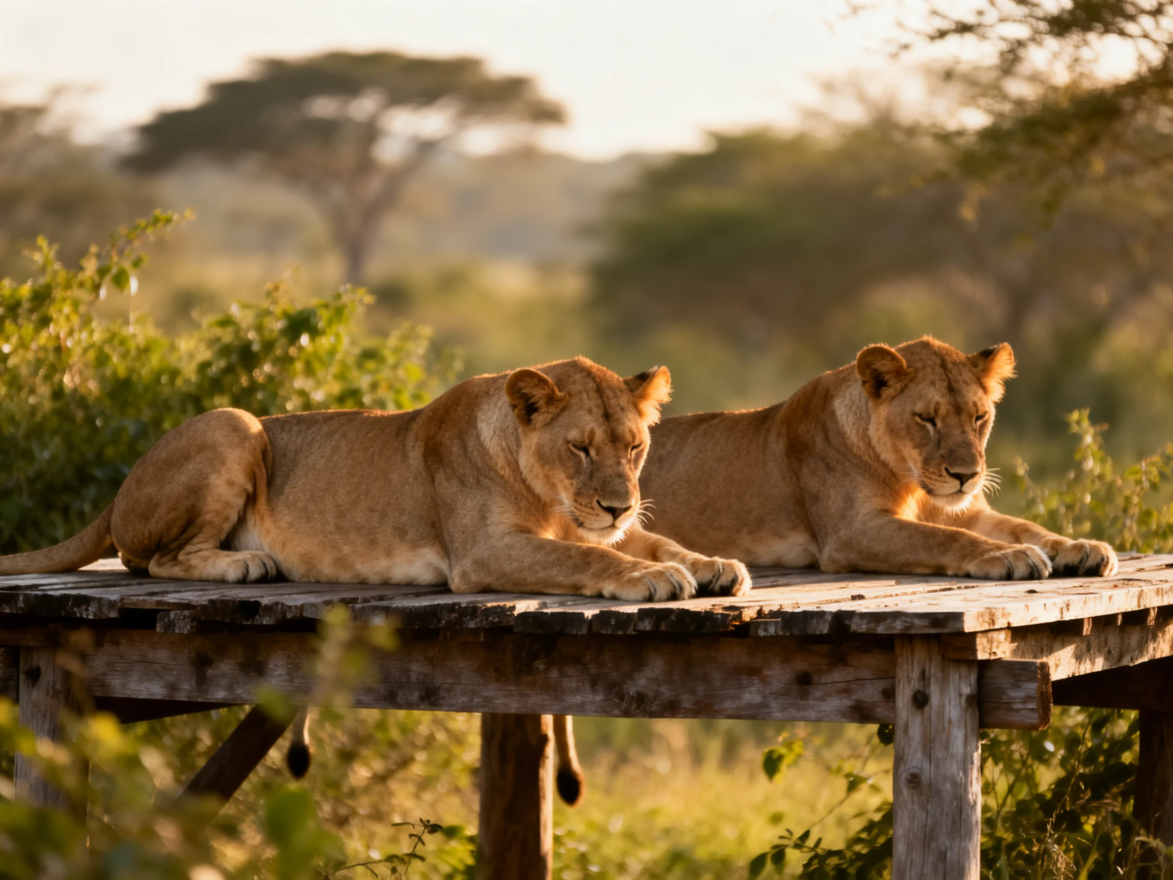 Two tawny lionesses rest on a weathered wooden platform in a sunlit savannah.
