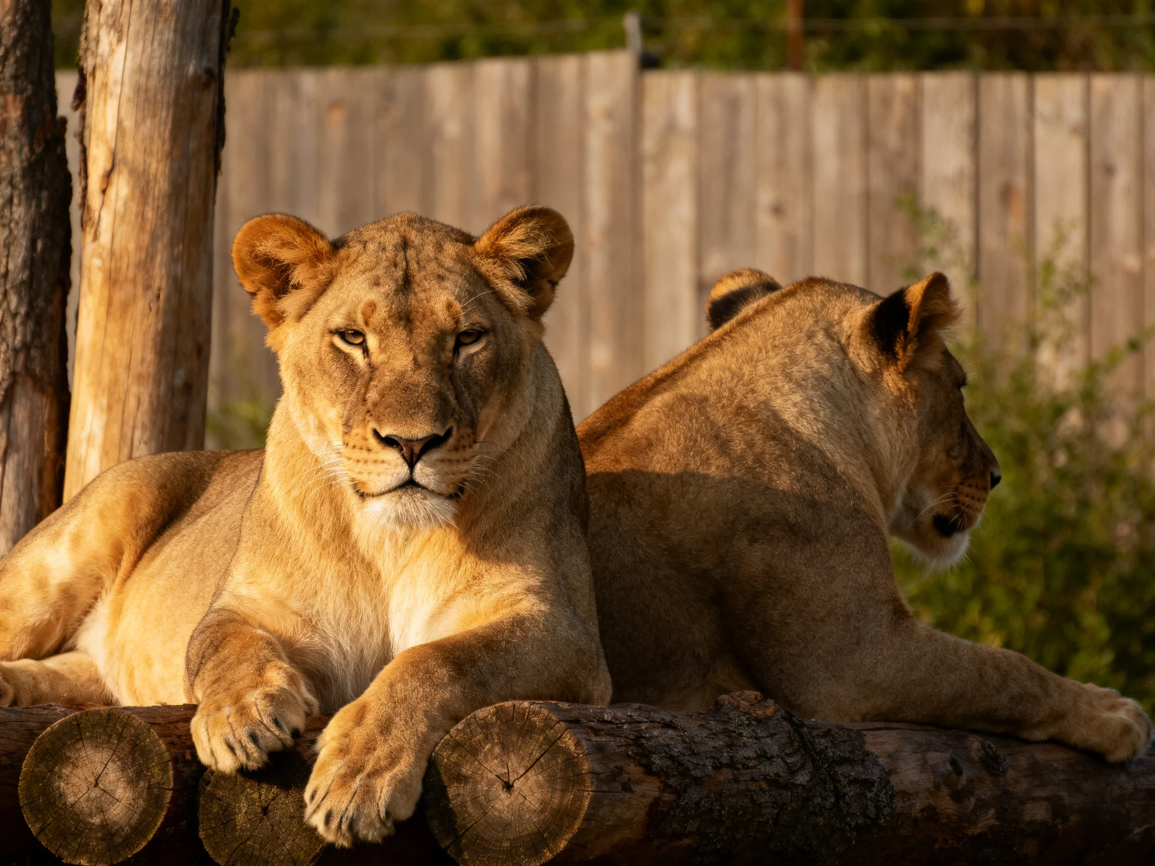 Two tawny lionesses rest on wooden logs by a fenced area