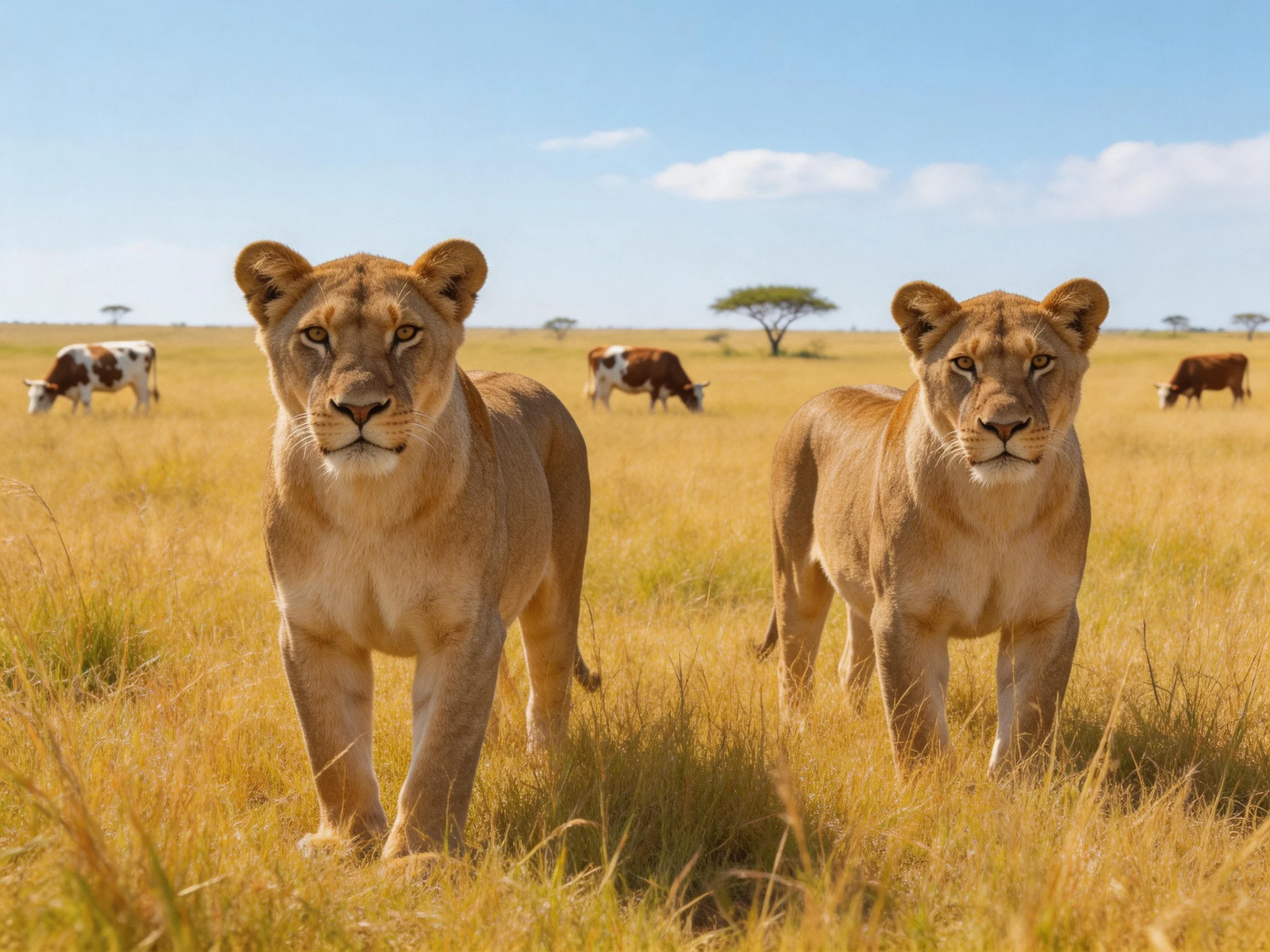 Two tawny lionesses traverse golden savannah with cattle in the distance.