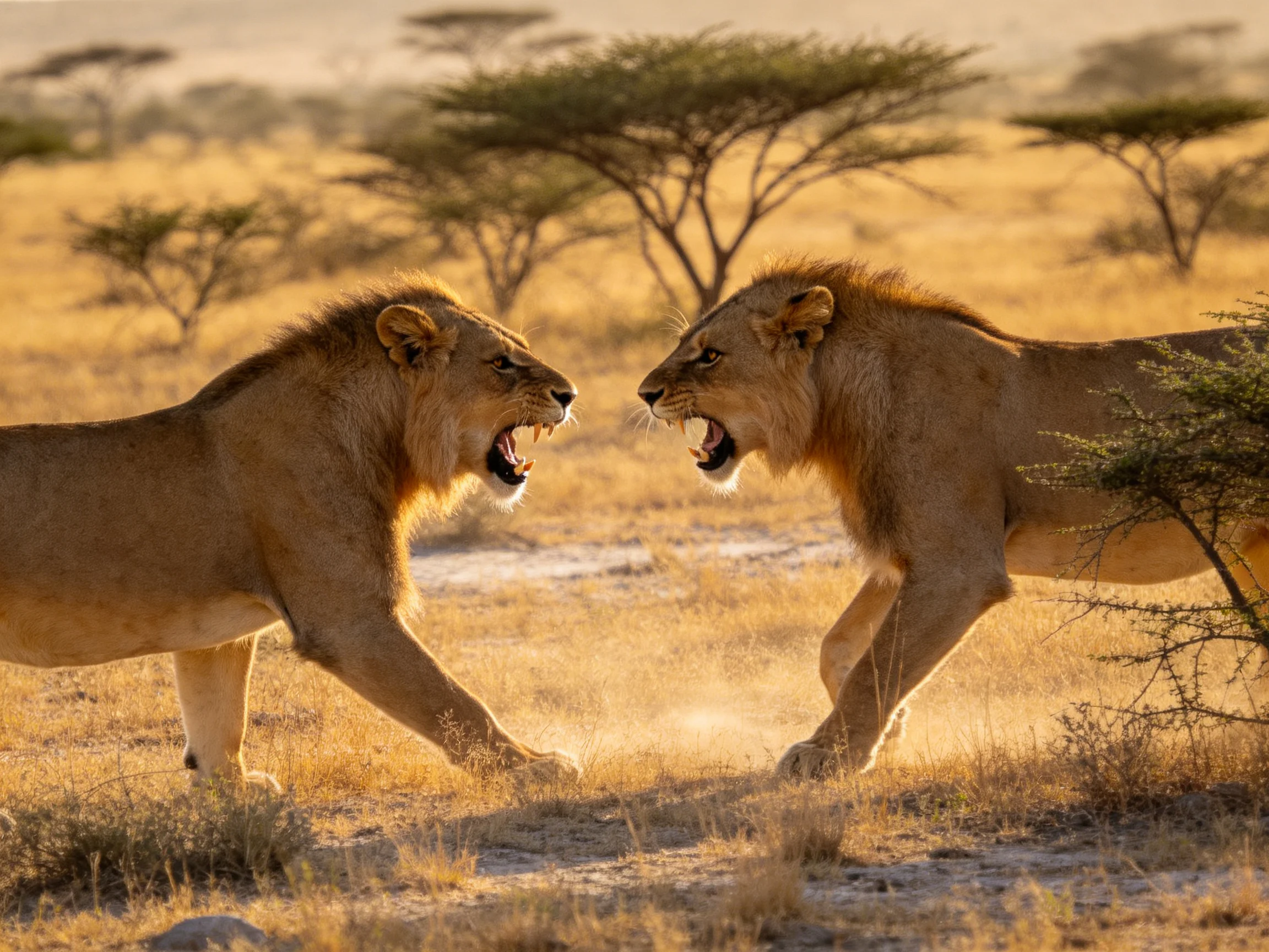 Two tawny lions face each other in a sunlit savannah standoff.