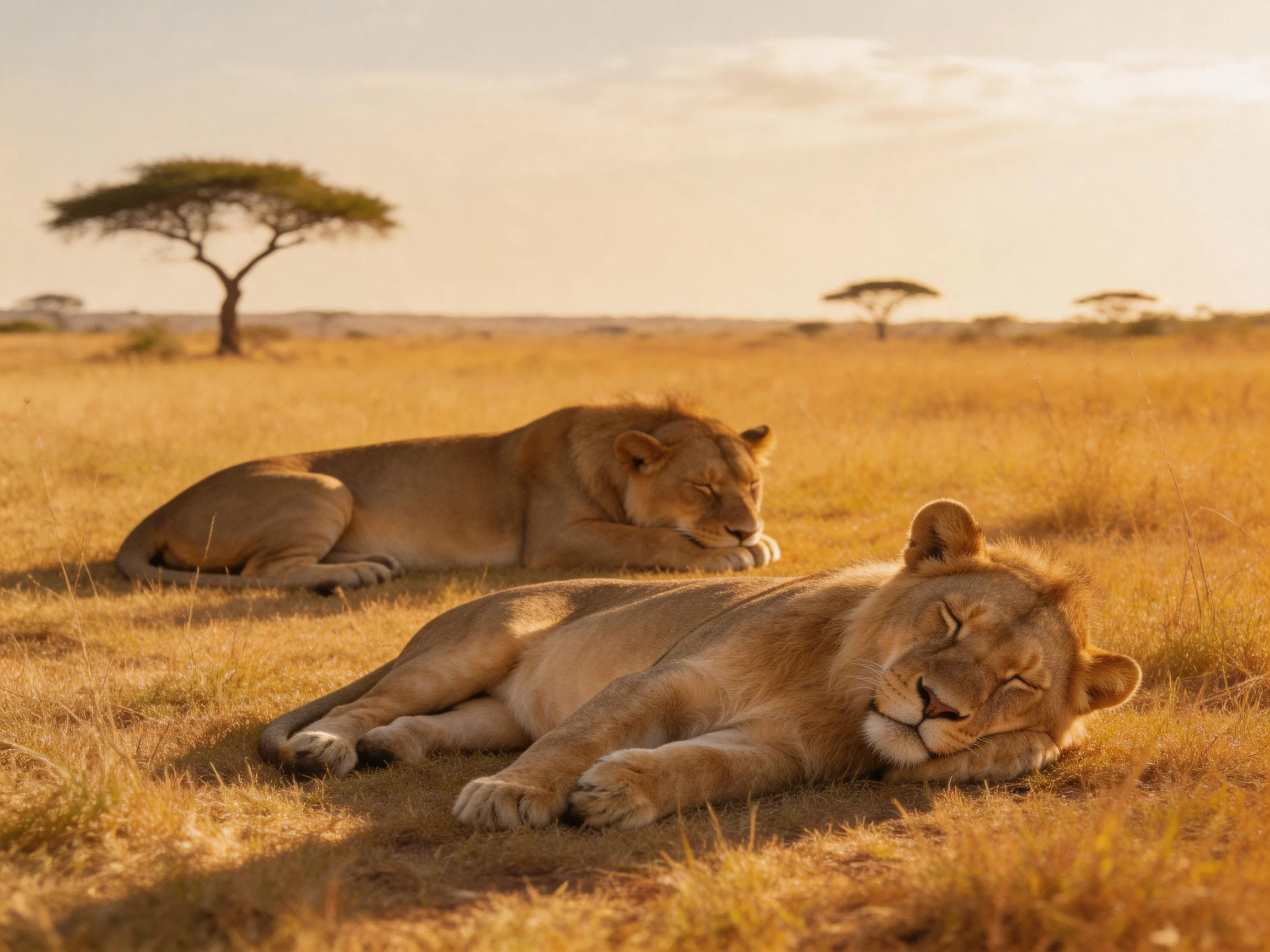 Two tawny lions rest in a golden savannah landscape