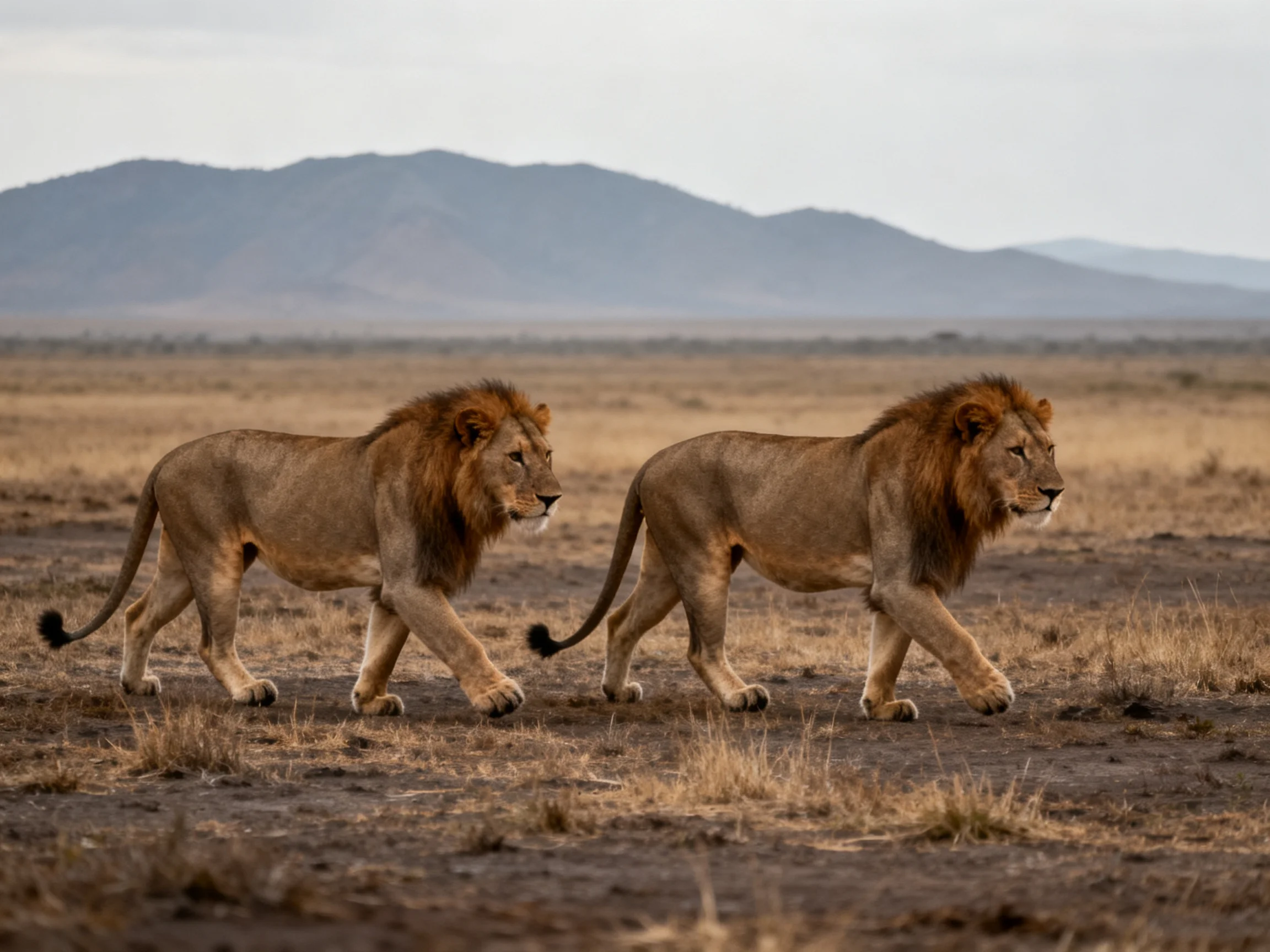 Two lions walk side by side across a savannah with mountains in the distance.
