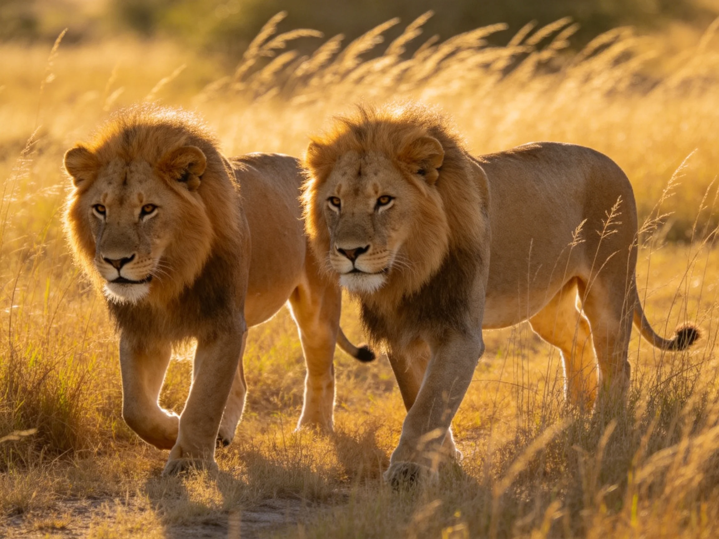 Two tawny lions move through golden savannah grass under bright sunlight.