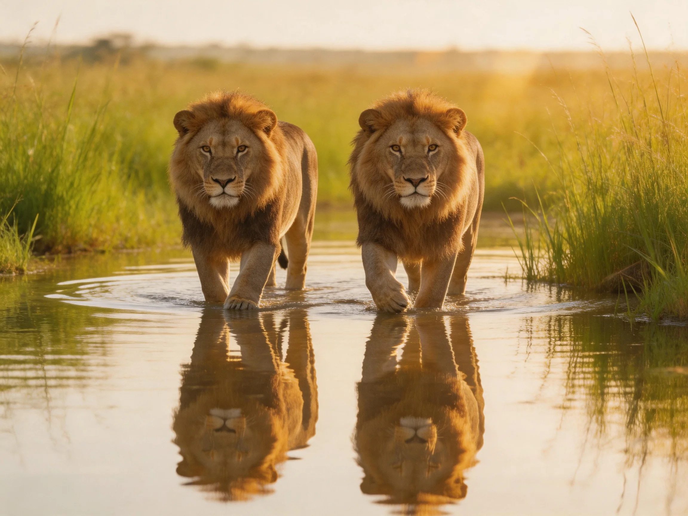 Two lions walk through shallow water with reflections in a grassy landscape.
