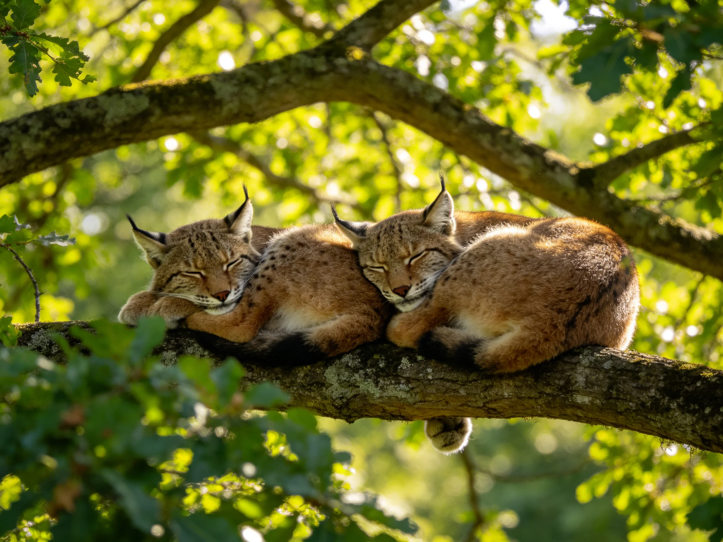 Two tawny lynx cubs sleep closely together on a tree branch