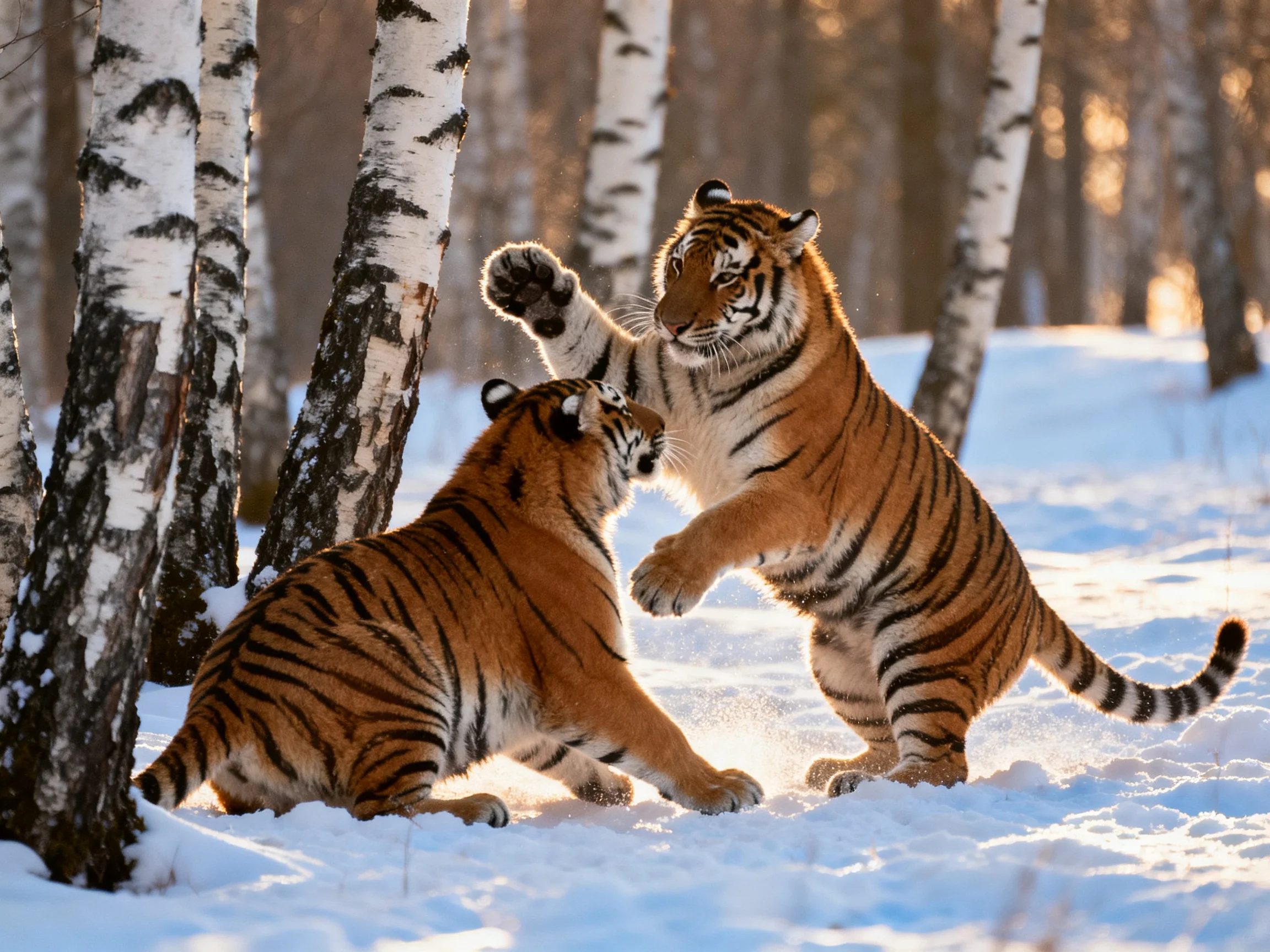 Two tigers play near snow-covered birch trees