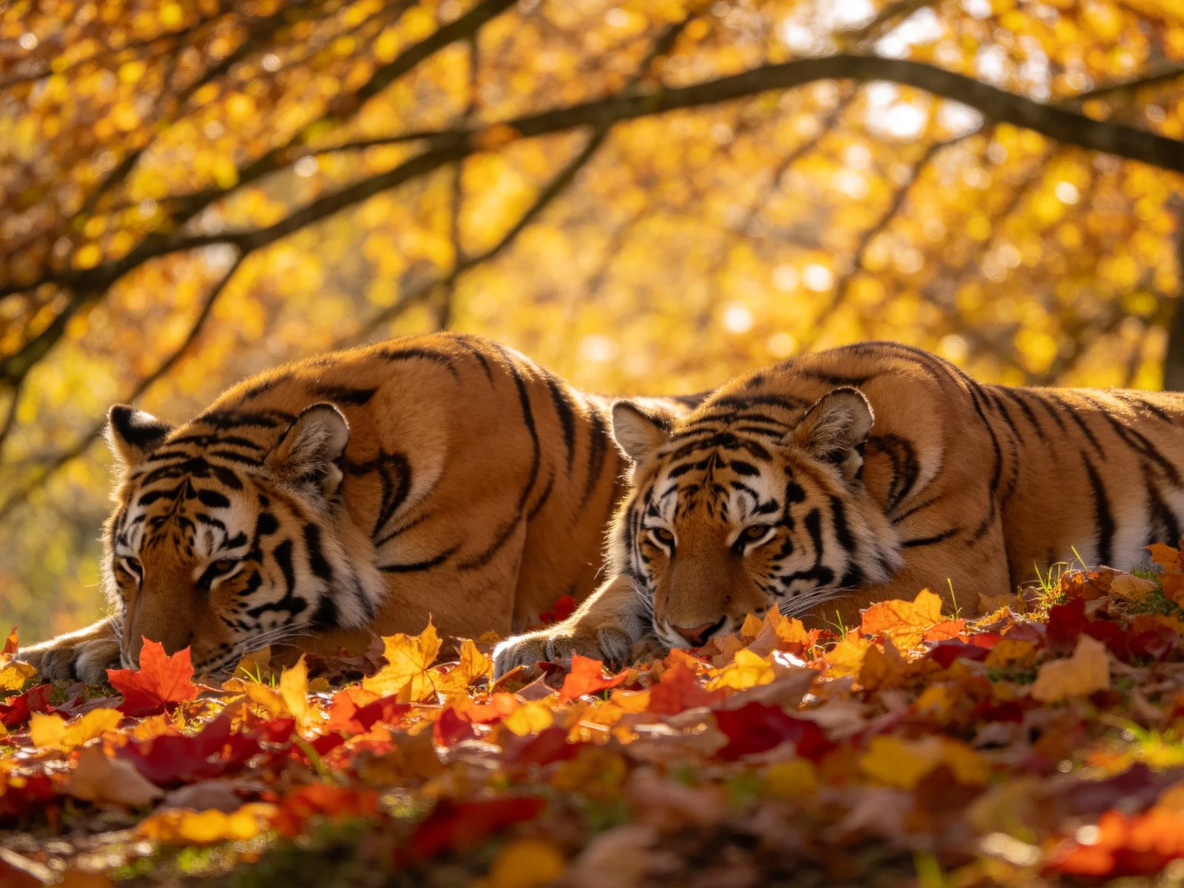 Two tigers rest amid colorful autumn leaves under golden sunlight