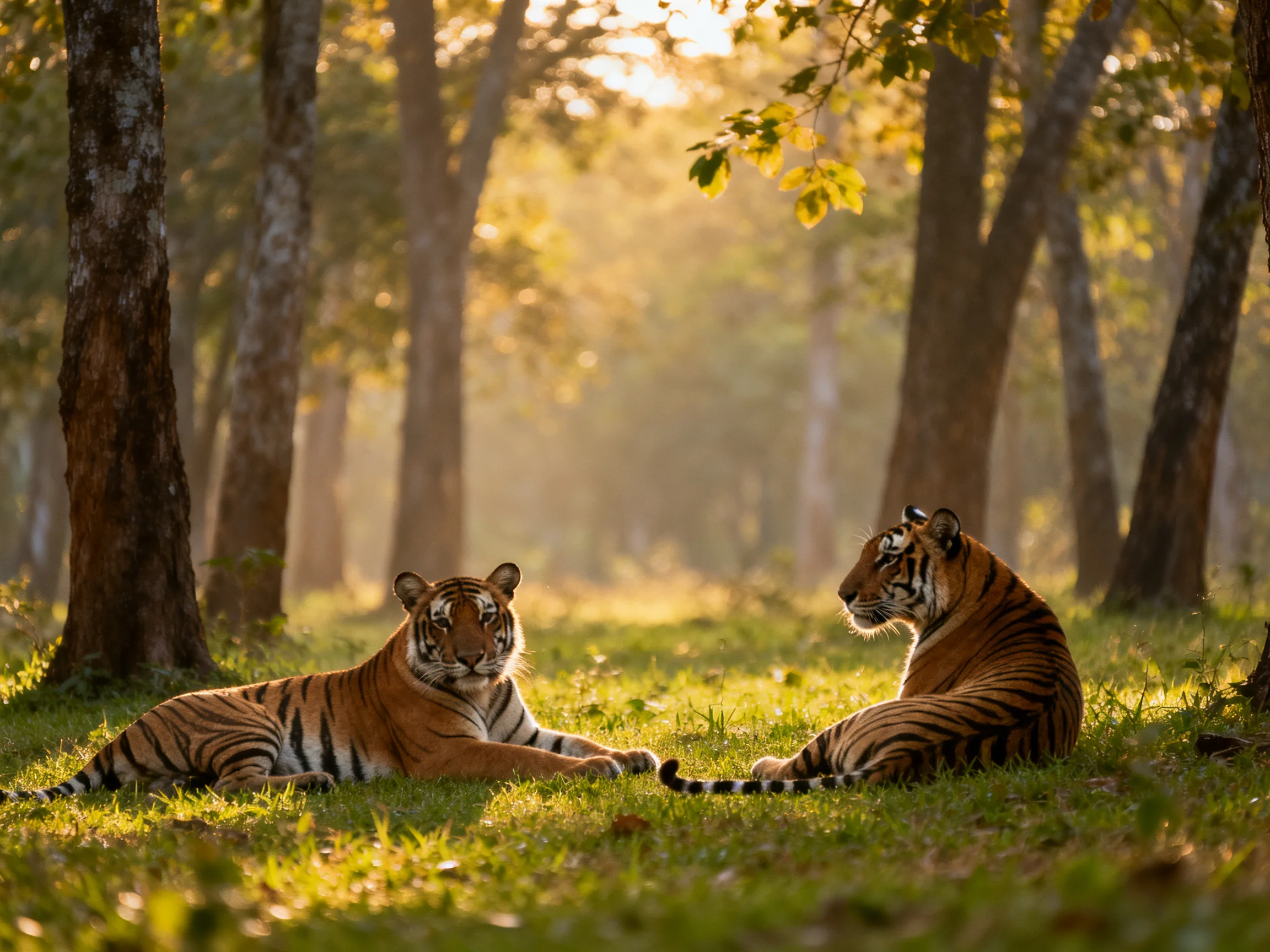 Two tigers rest in a sun-dappled forest clearing