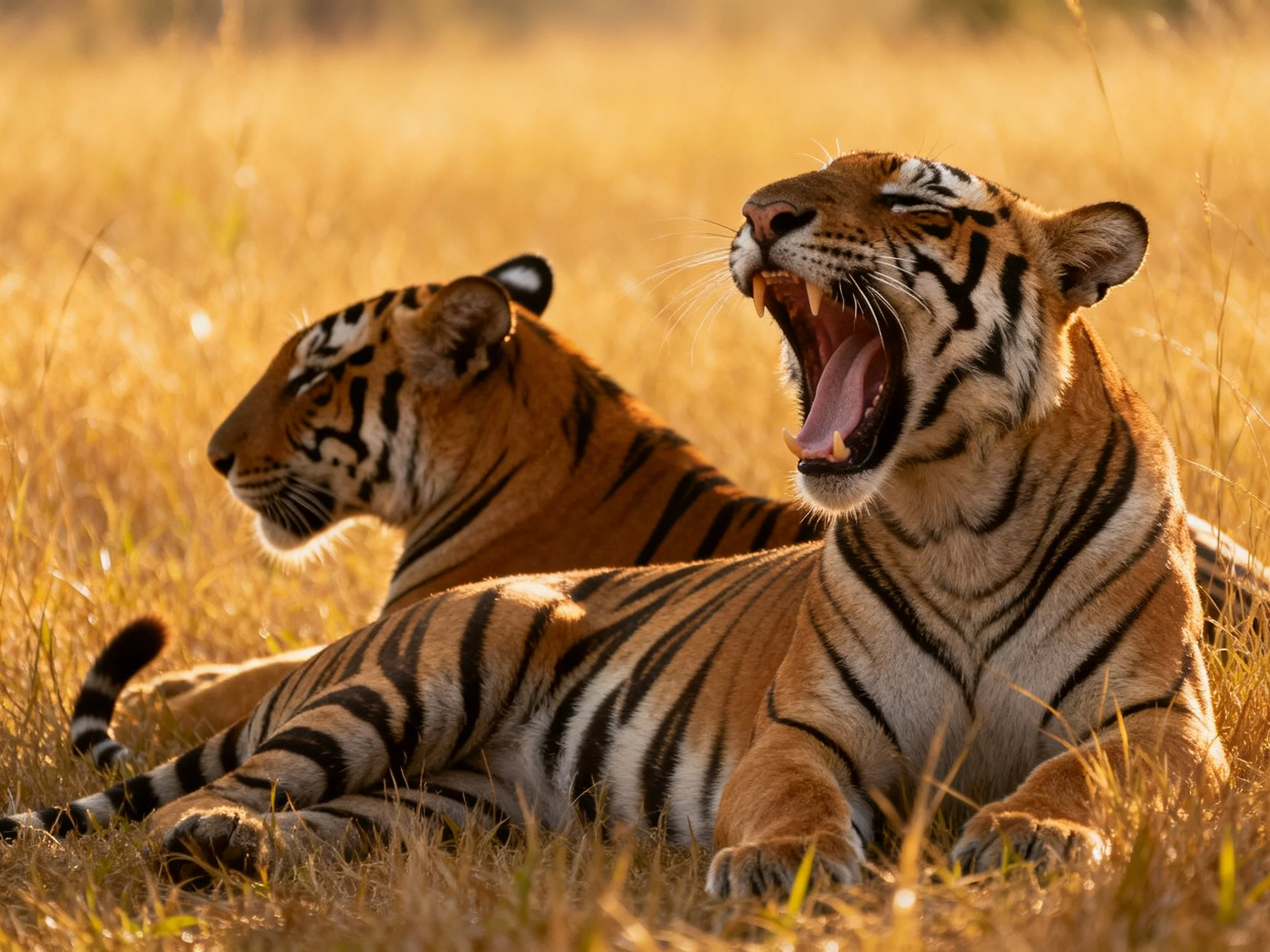 Two tigers rest in sun-drenched golden grasslands