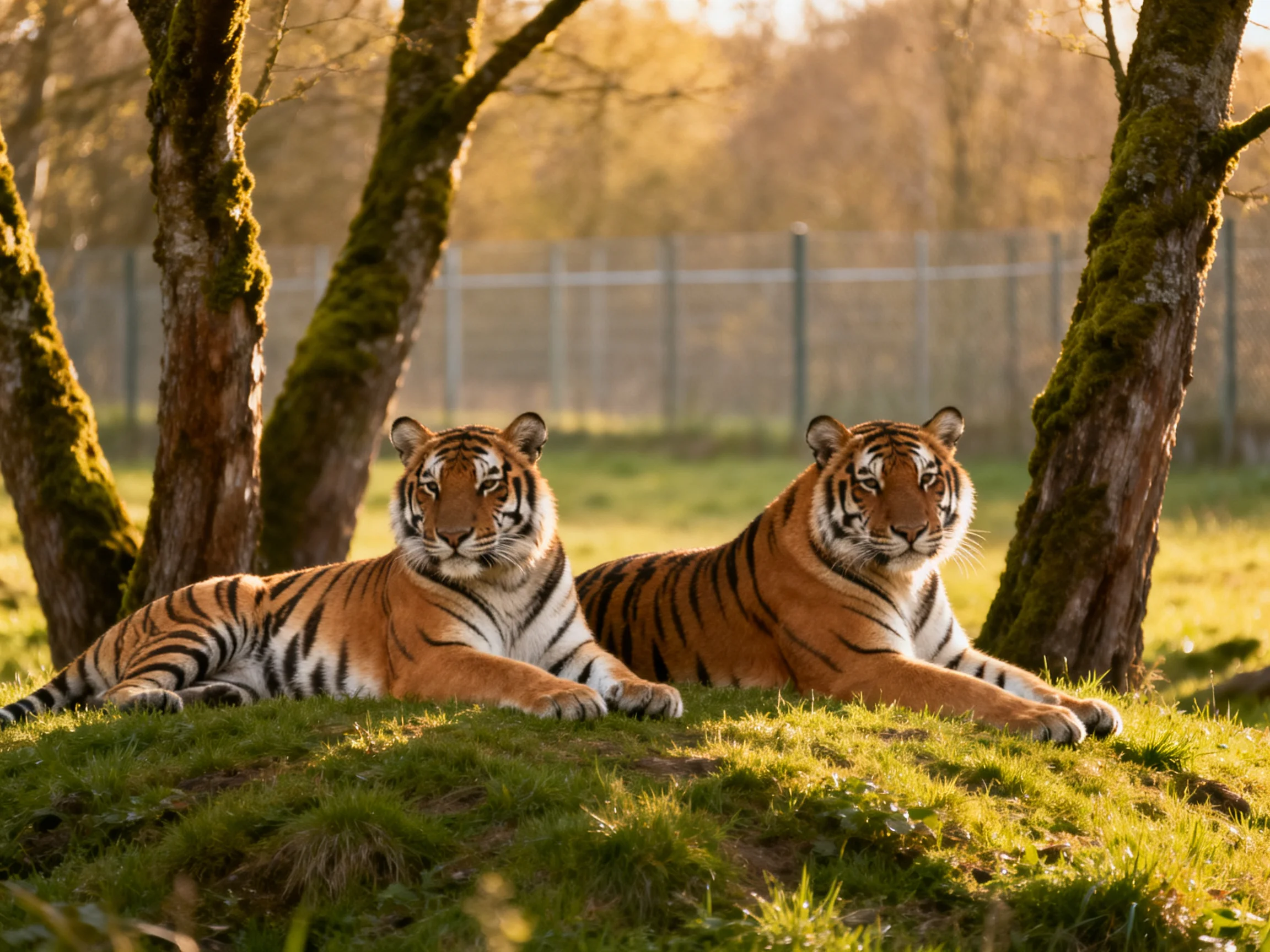 Two tigers rest on green grass near moss-covered trees