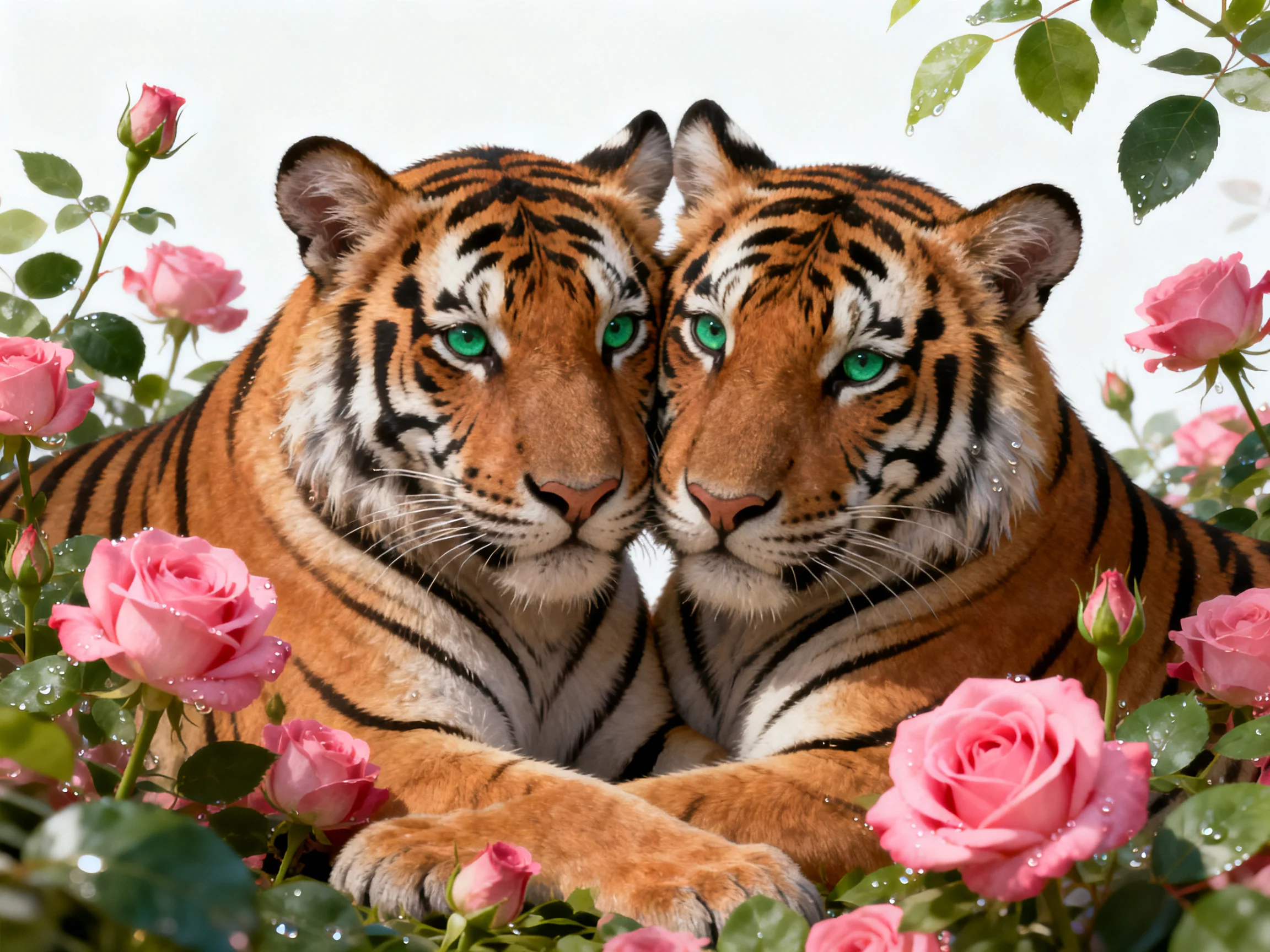 Two tigers with green eyes nestled among vibrant pink roses