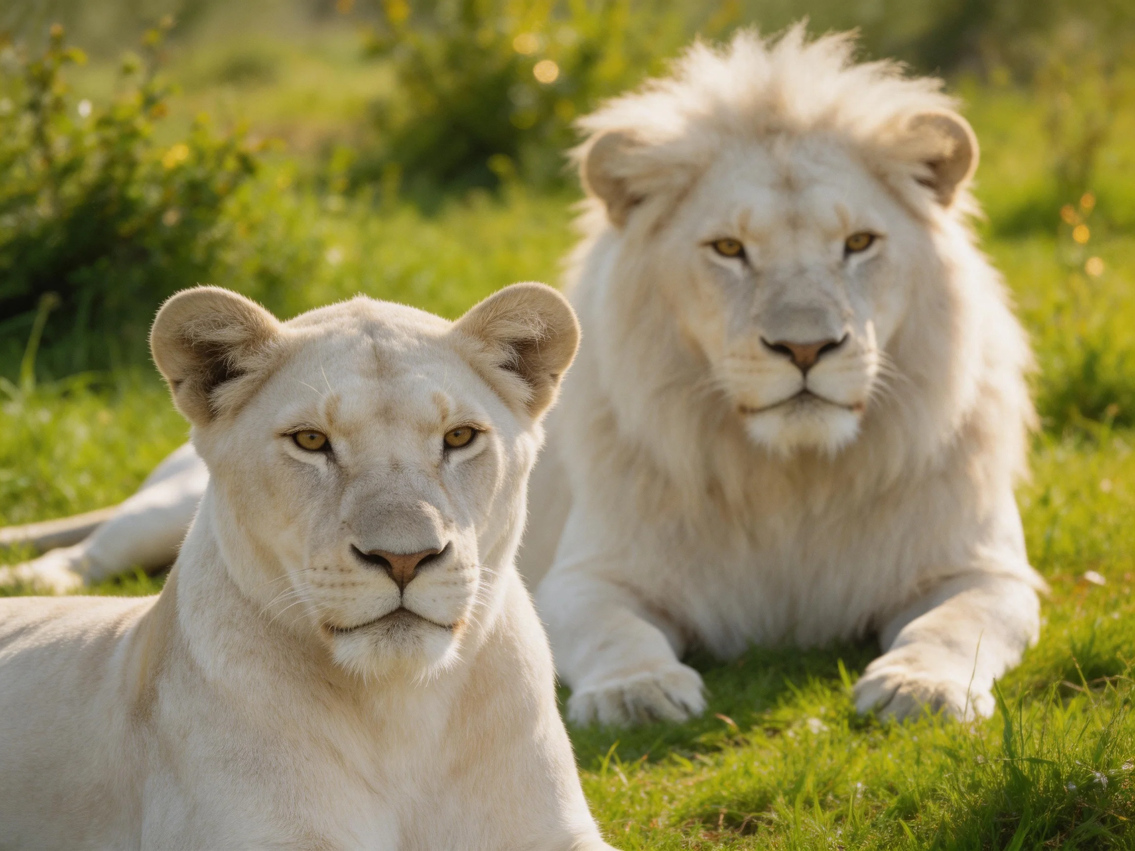 Two white lions sit calmly in a bright, grassy landscape.