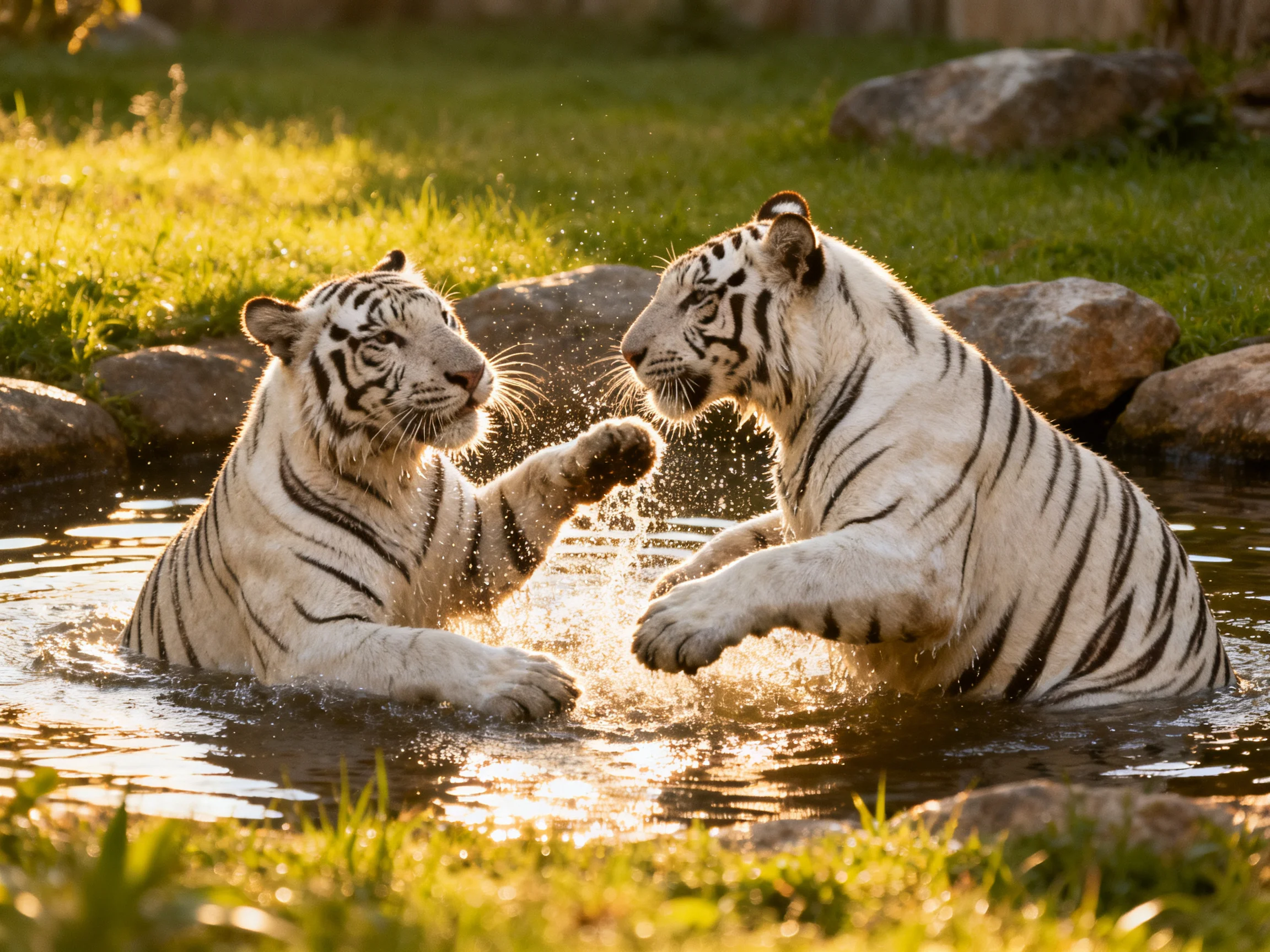 Two white tigers playfully interact in a sunlit water habitat.