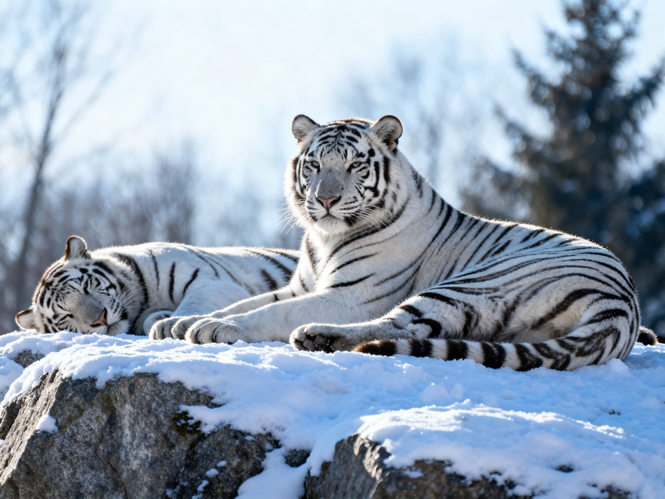 Two white tigers rest on a snow-covered rocky ledge in a wintry landscape