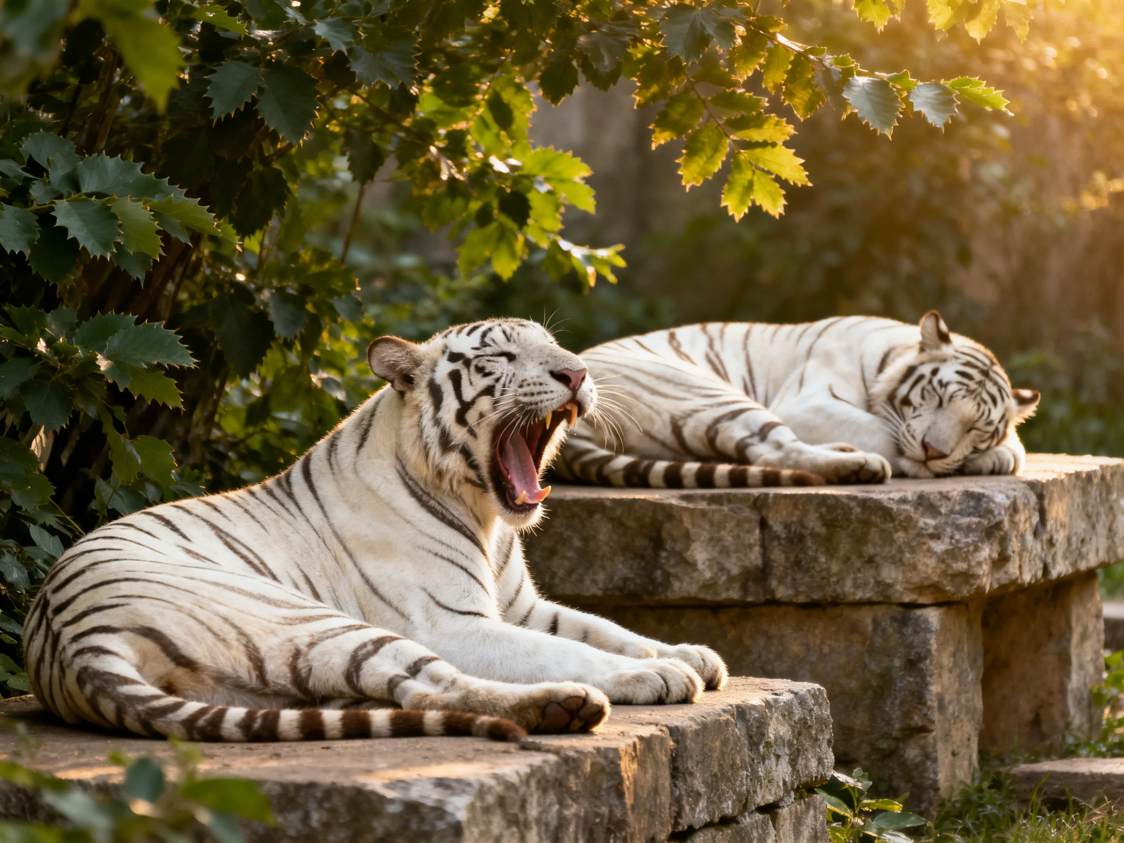 Two white tigers rest on stone platforms amid lush greenery