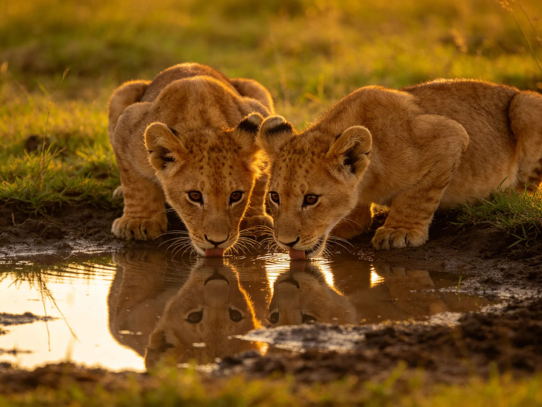 Two young lion cubs drink from a small waterhole in golden light