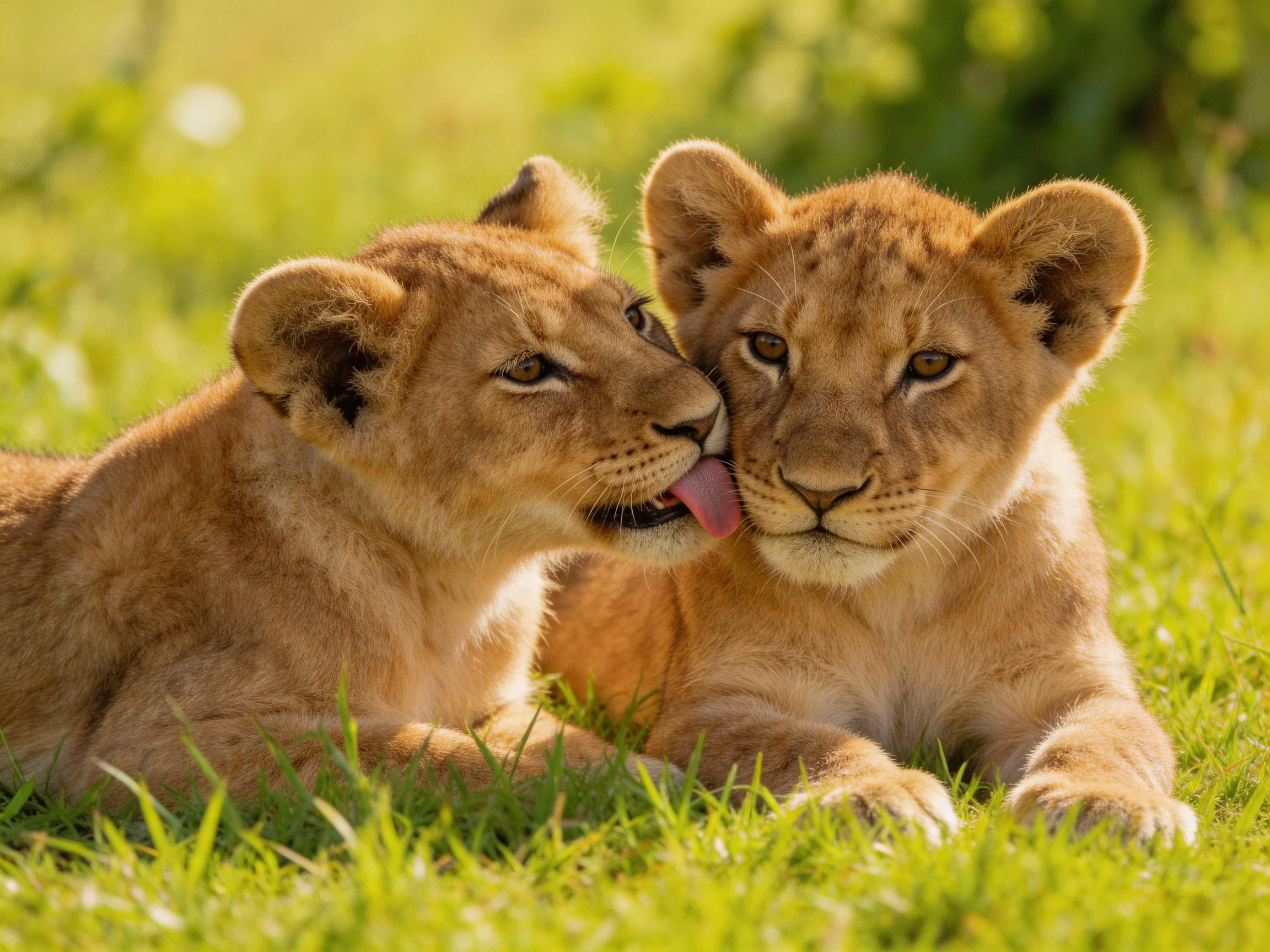 Two young lion cubs interact closely on a grassy area.