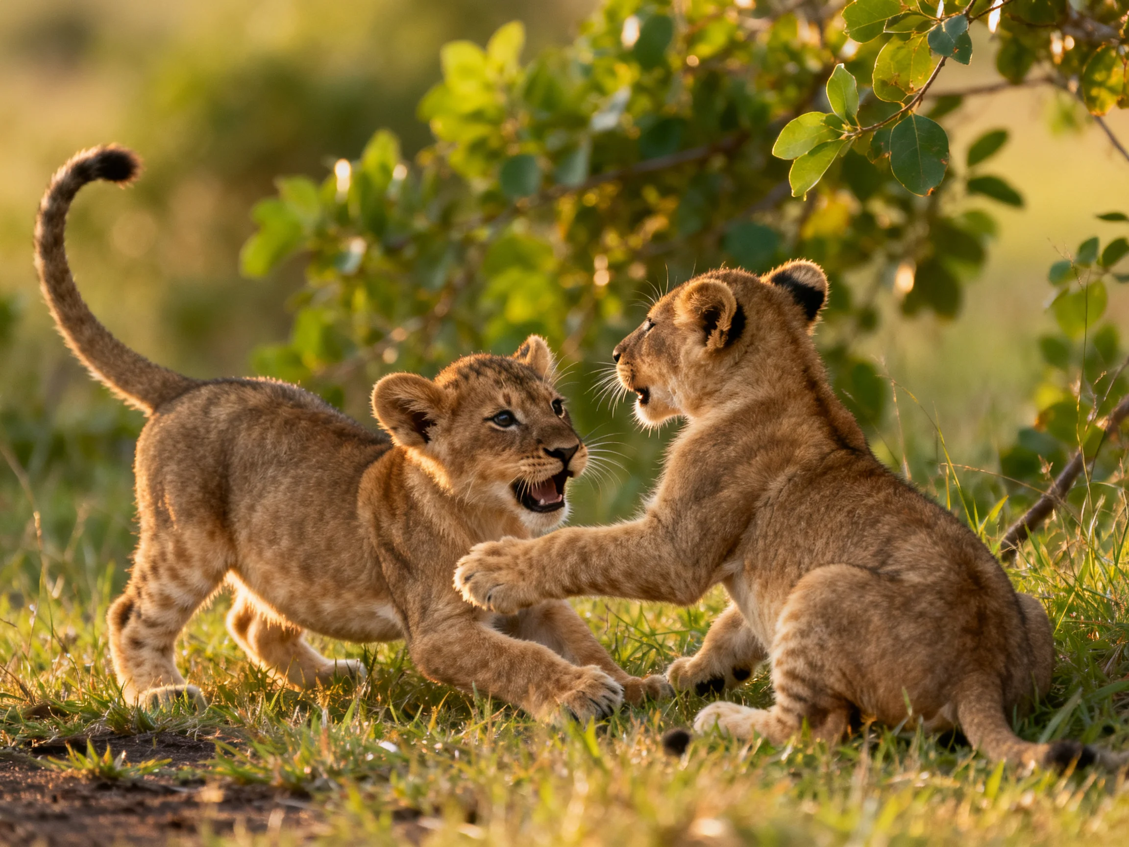 Two young lion cubs playfully interacting in a sunlit savannah clearing