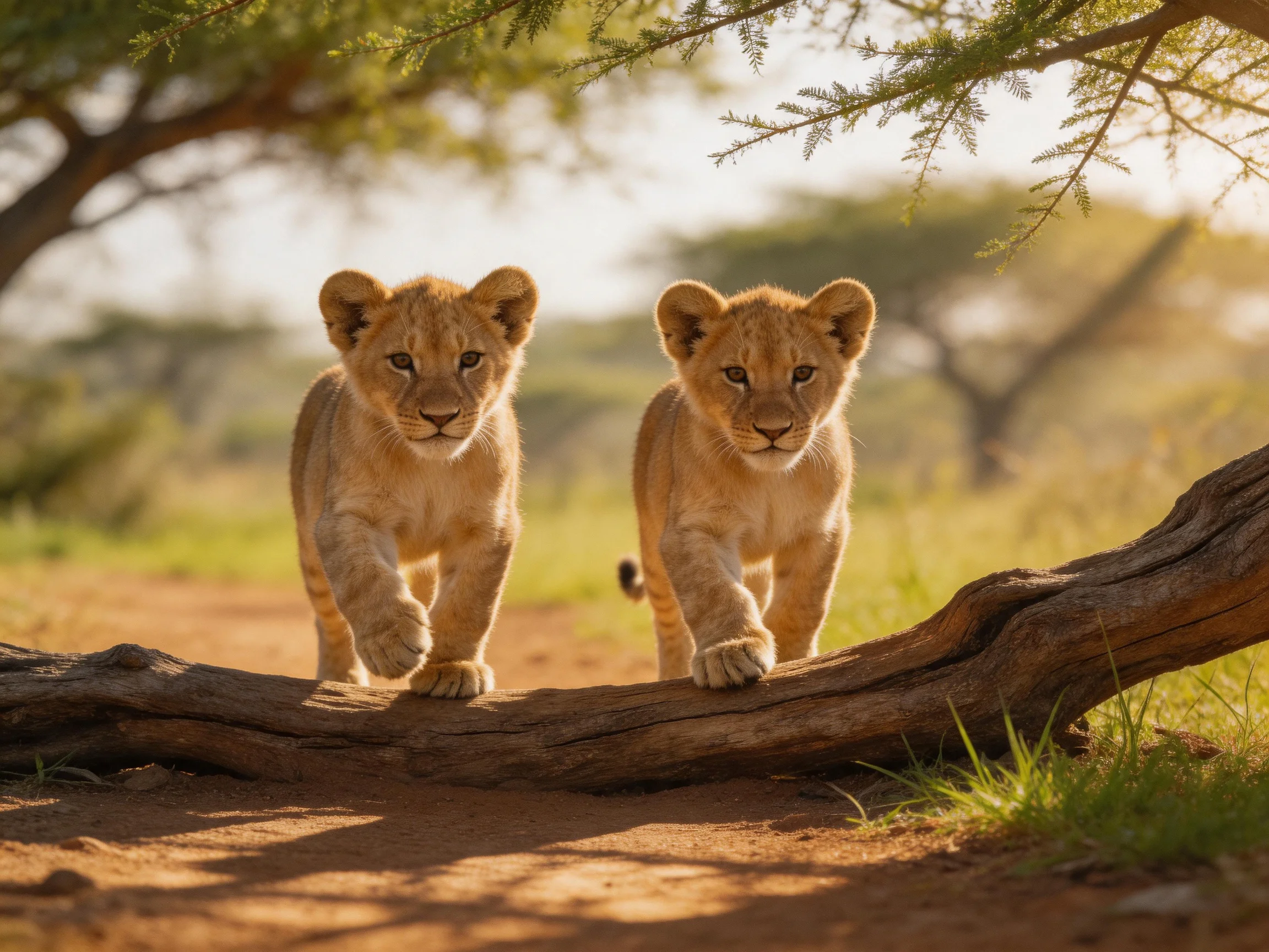 Two young lions cross a gnarled tree trunk in golden savanna light