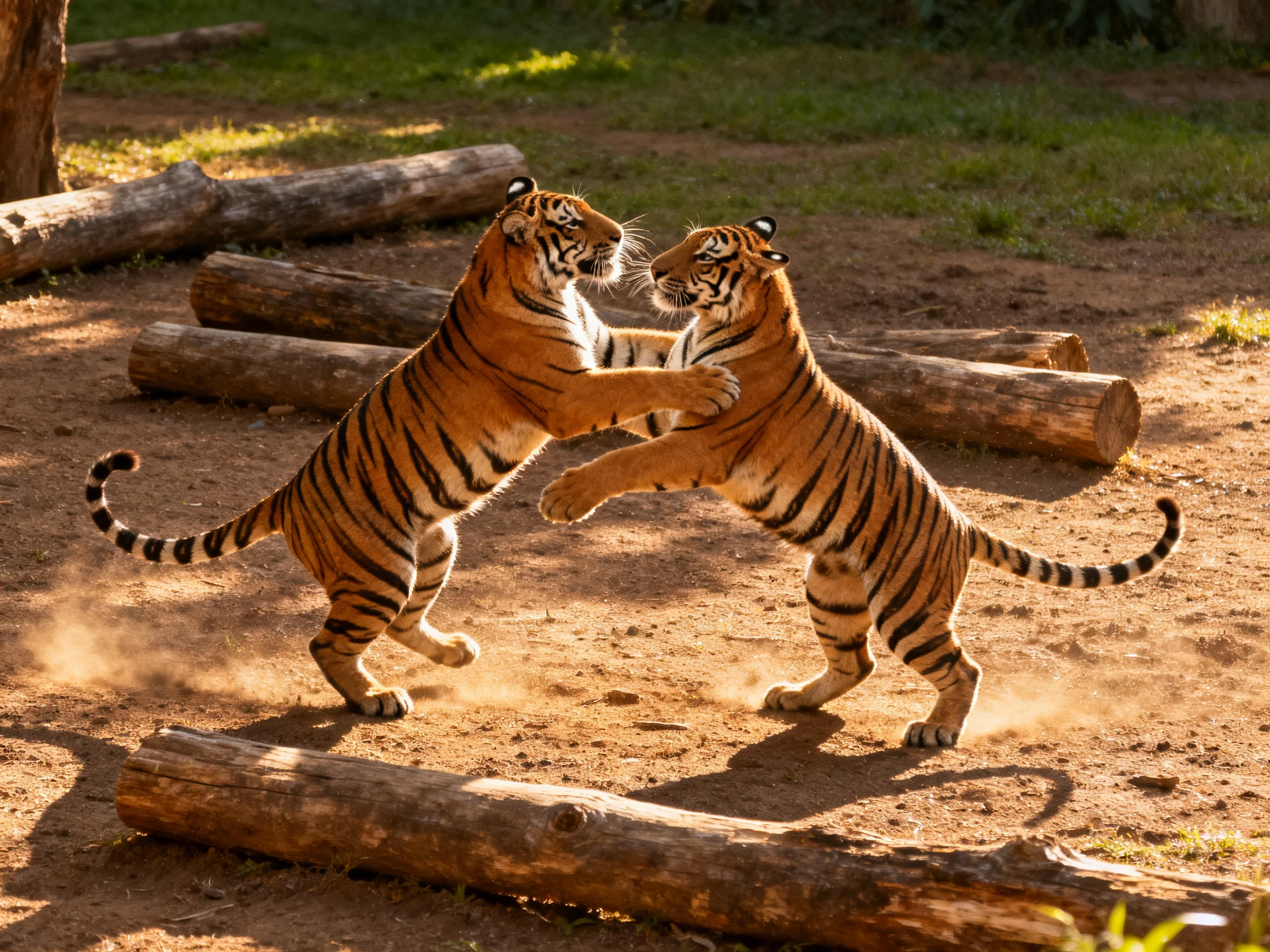 Two tigers playfully interact near logs on a dusty enclosure