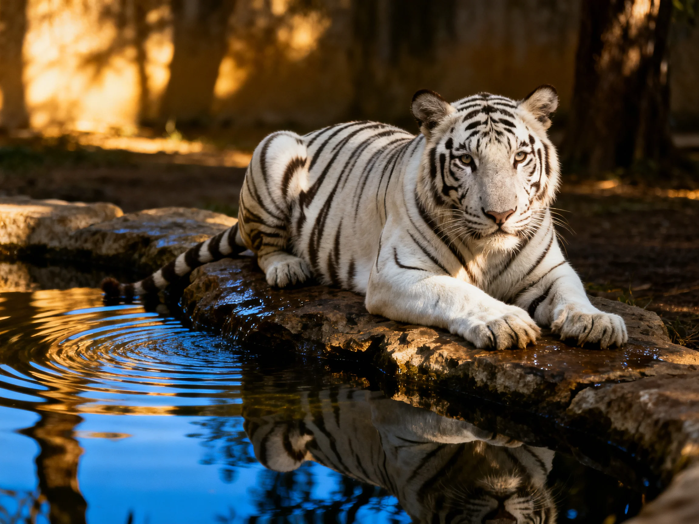 A white tiger rests on rocks beside reflective water in a sunlit setting.