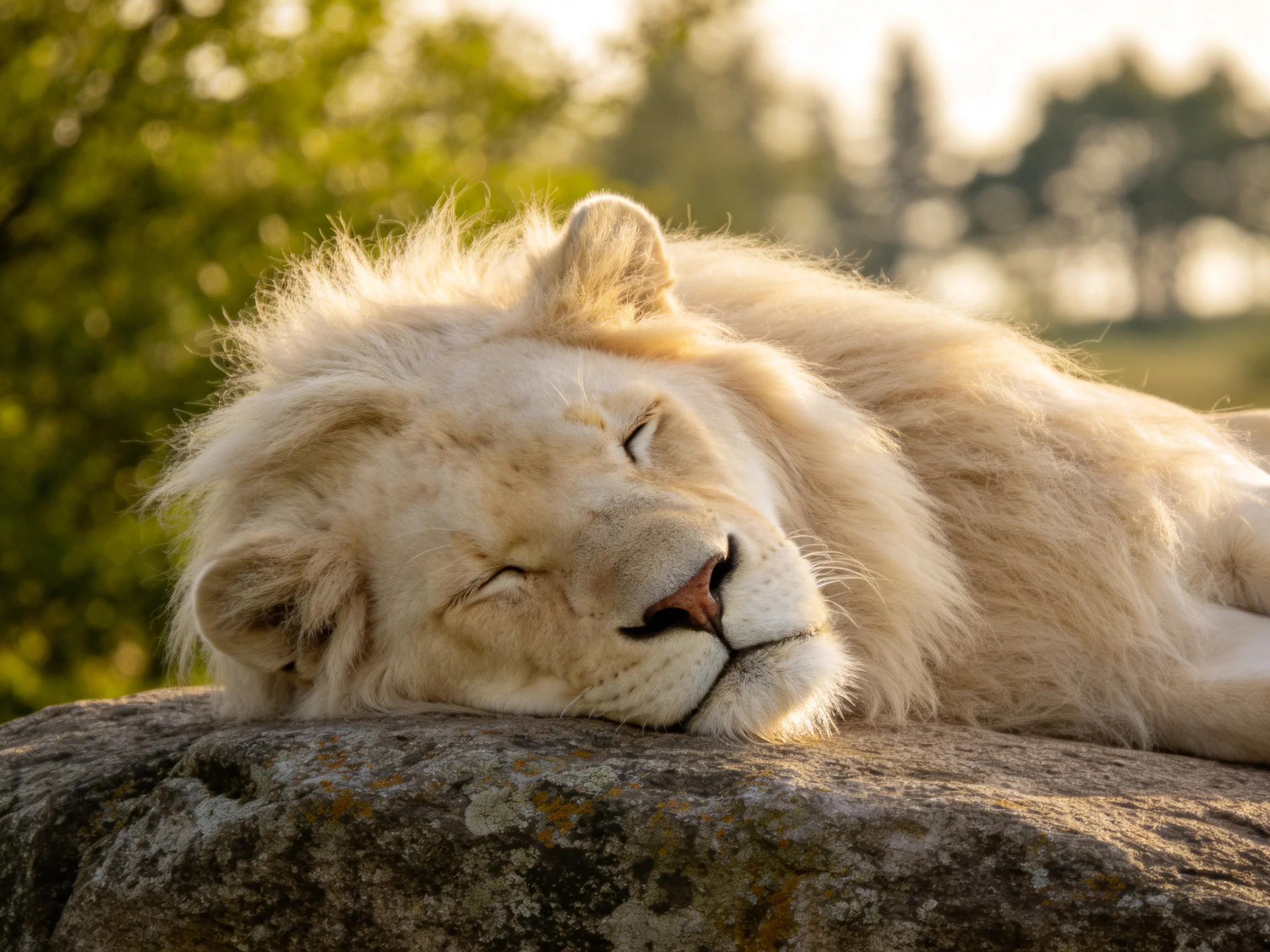 A white lion cub rests on a rock in a sunlit outdoor area.