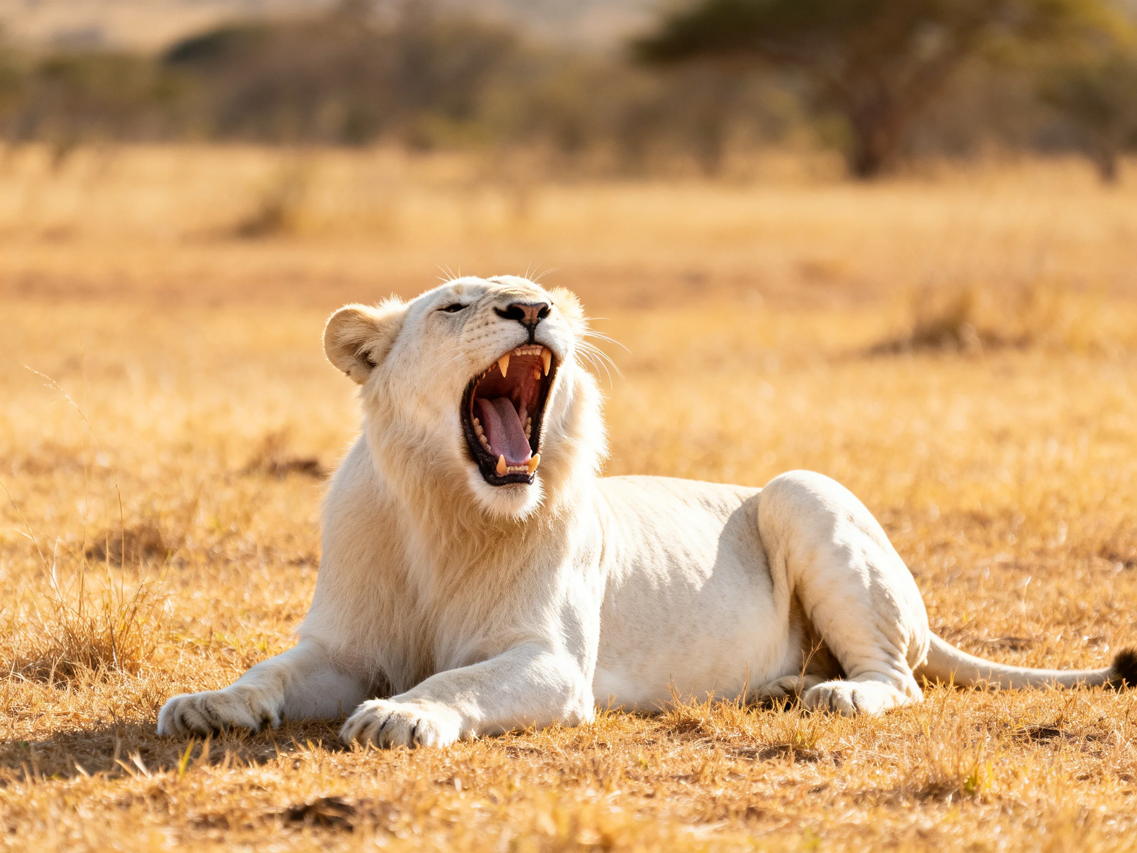 White lioness yawning on golden savannah grasslands