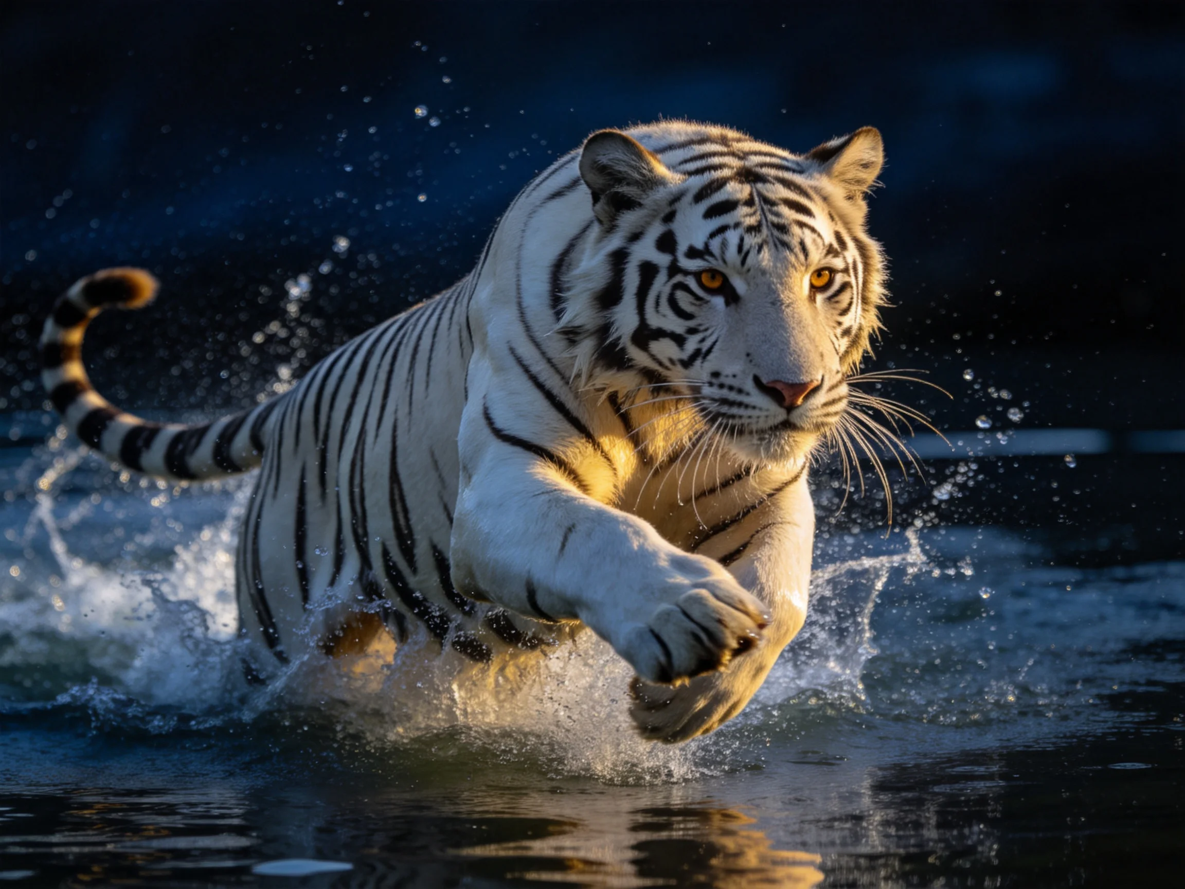 White tiger leaping through splashing water with golden lighting