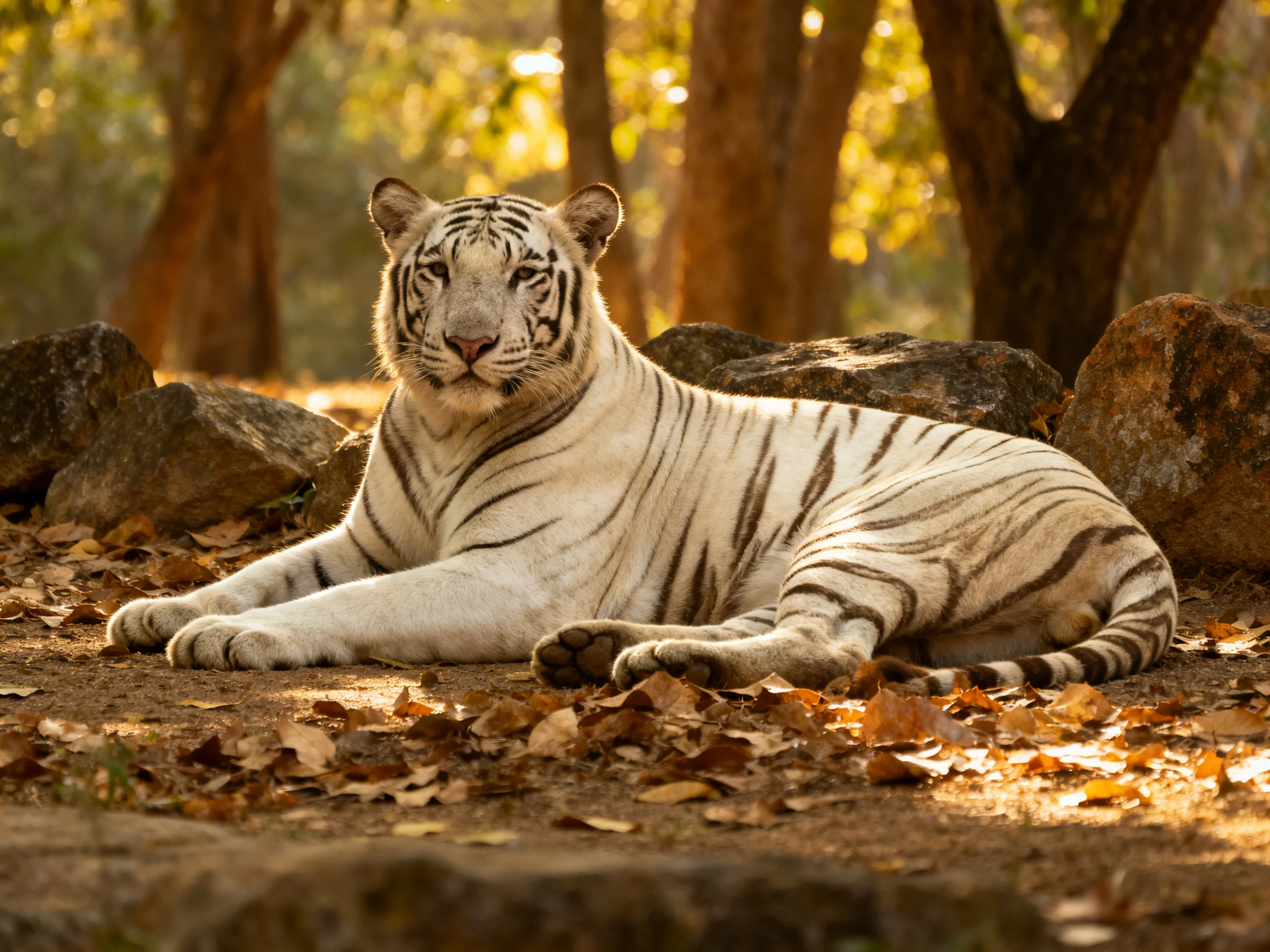 A white tiger relaxes among rocks and leaves in a sunlit forest.